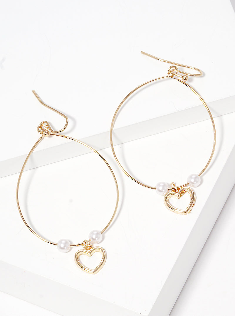 Round Shaped Wire Heart Dangle Drop Earrings With Pearl Beads