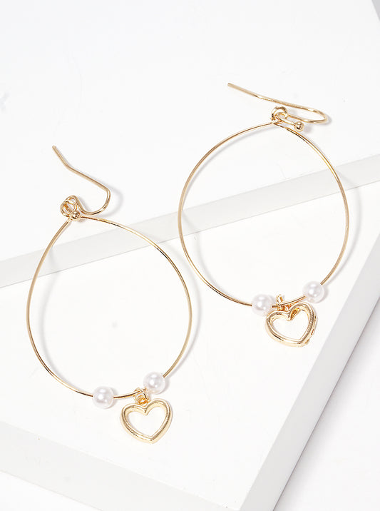 Round Shaped Wire Heart Dangle Drop Earrings With Pearl Beads