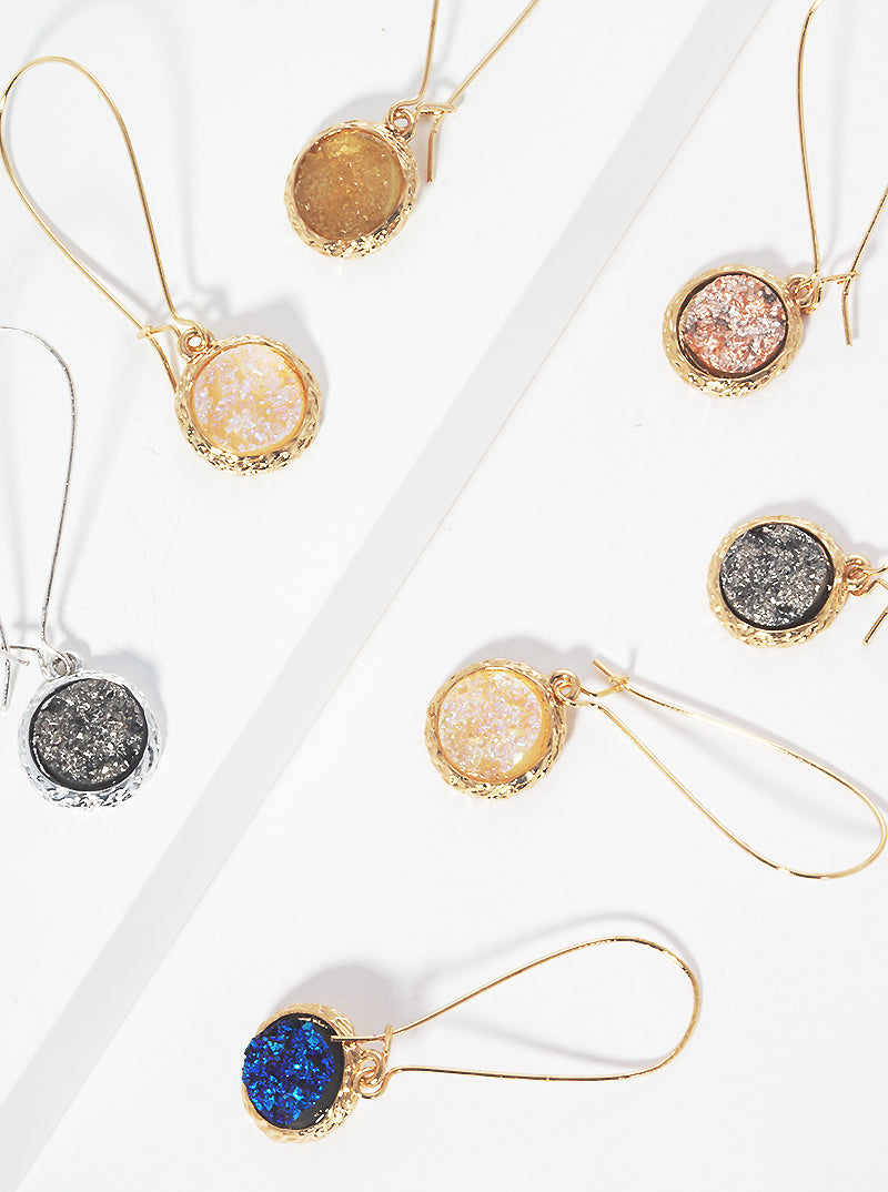 Round Simulated Druzy Hammered Zinc Alloy Cast Kidney Wire Dangle Drop Earrings