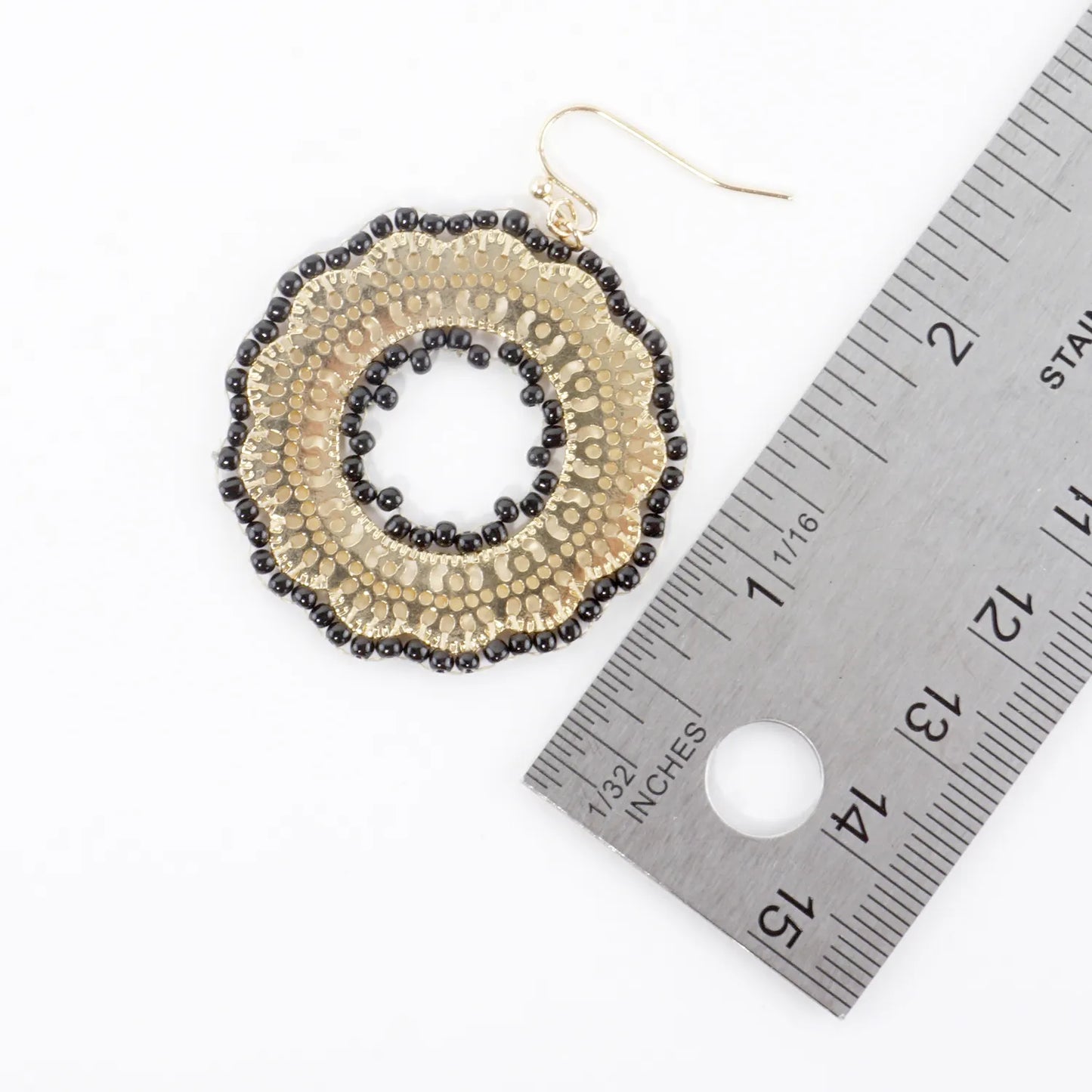 Round Stenciled Seed Beads Wrapped Dangle Earrings