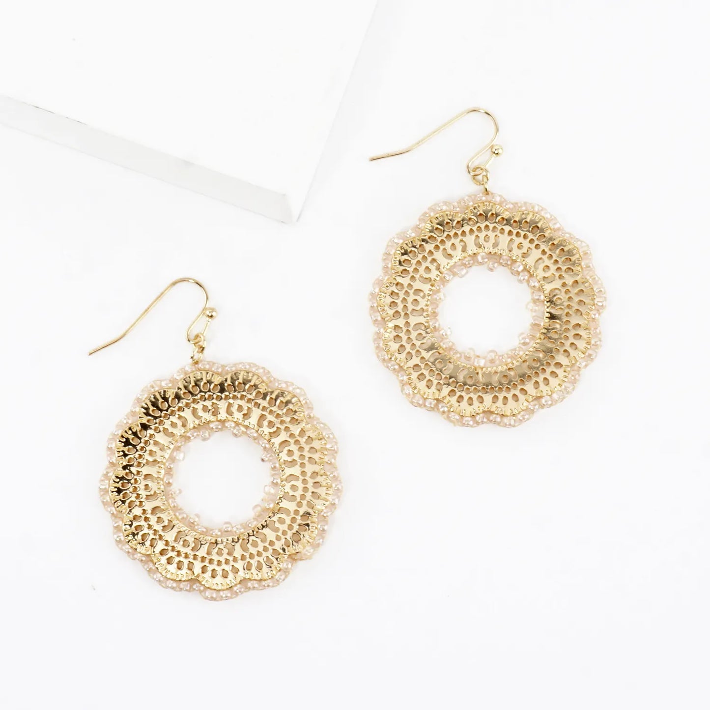 Round Stenciled Seed Beads Wrapped Dangle Earrings