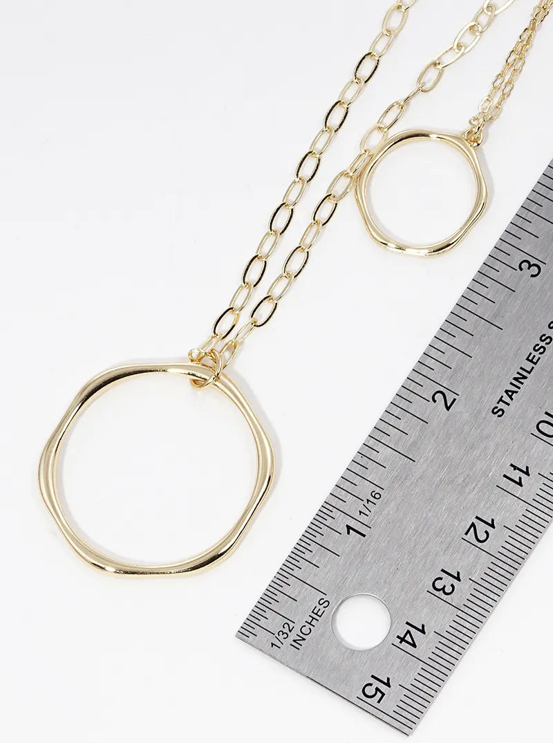 Rounded Double Hexagon Pendant Layered Long Necklace Set With Earrings