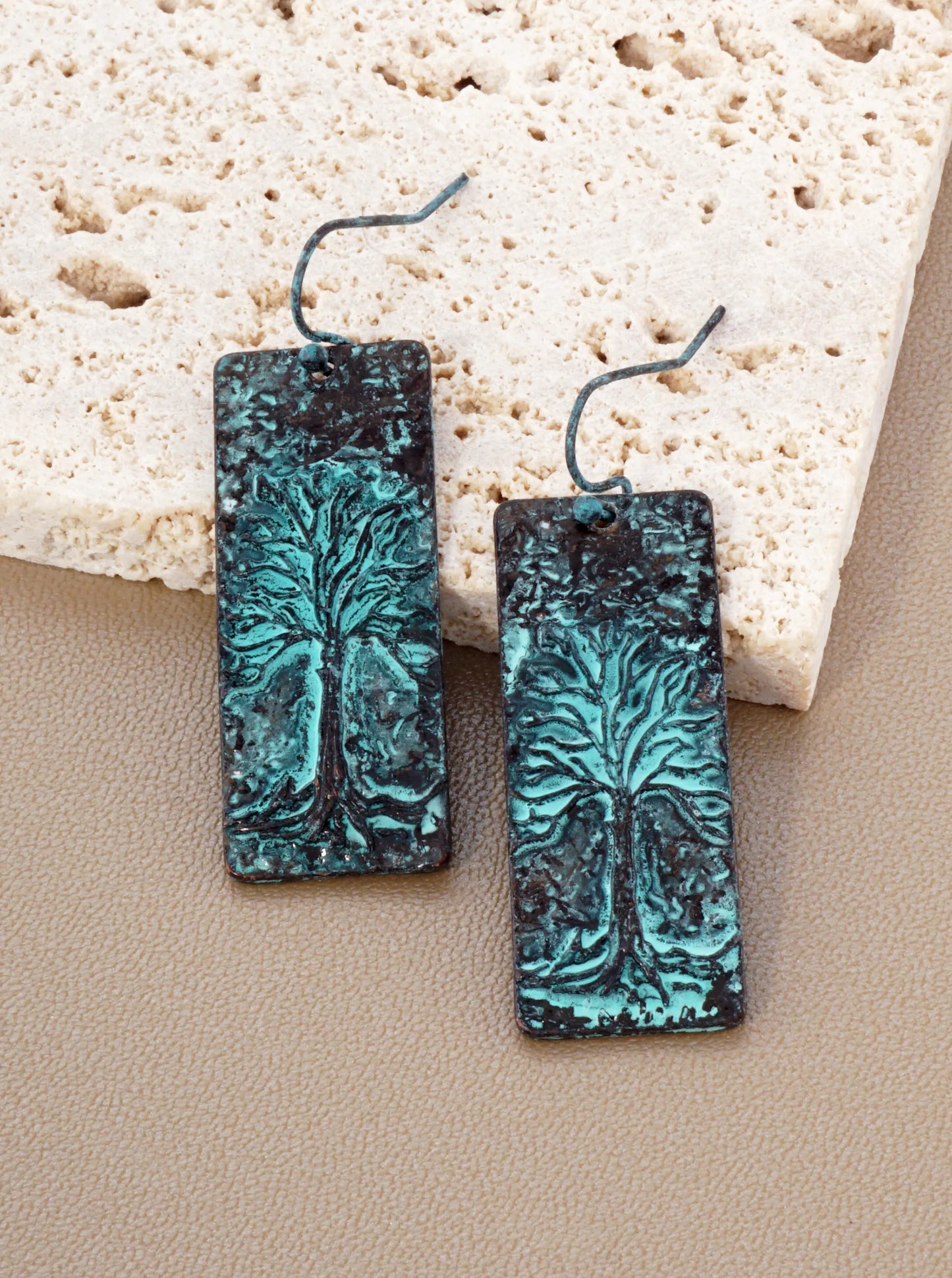 Rustic Embossed Tree Of Life Rectangular Drop Earrings