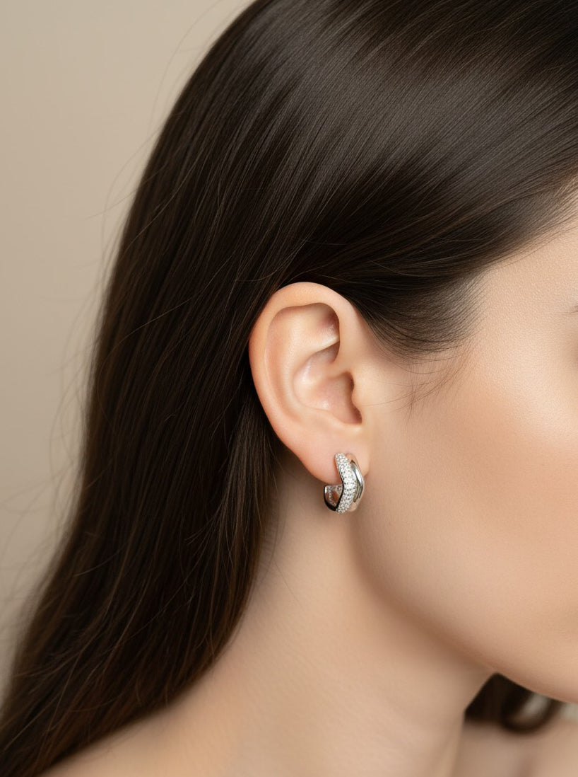 White Gold Dipped Double Row Pave Hoop Earrings