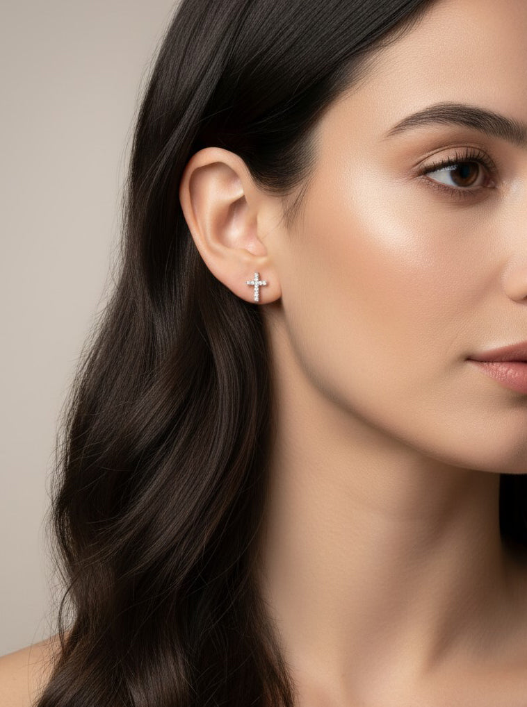 14K Gold-Dipped CZ Cross Stud Earrings