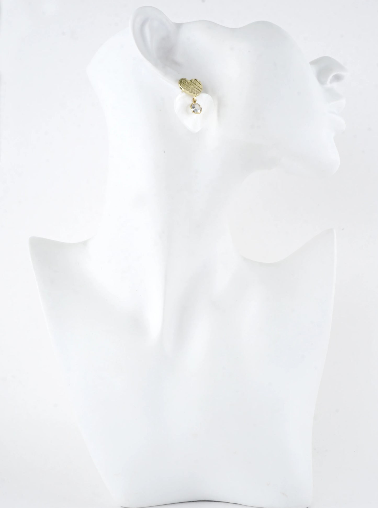 Textured Brass Shell Heart CZ Drop Earrings