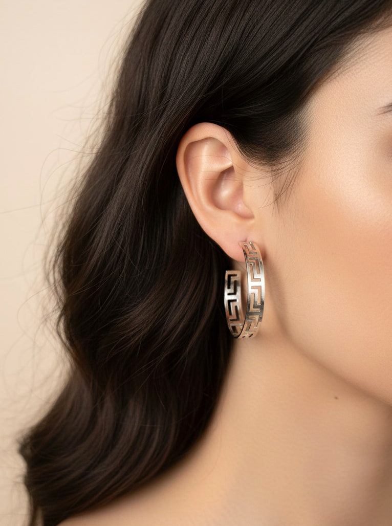 White Gold Dipped Greek Key Open Hoop Earrings