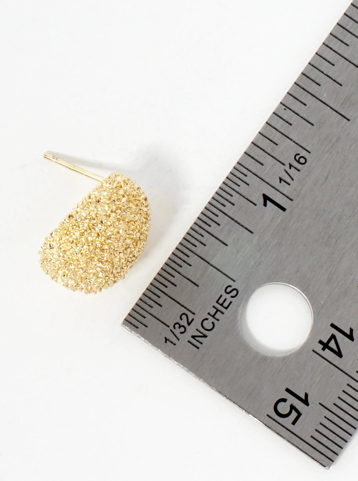 Sand-Texture Puffy Teardrop 14K-Gold-Dipped Brass Button Stud Earrings