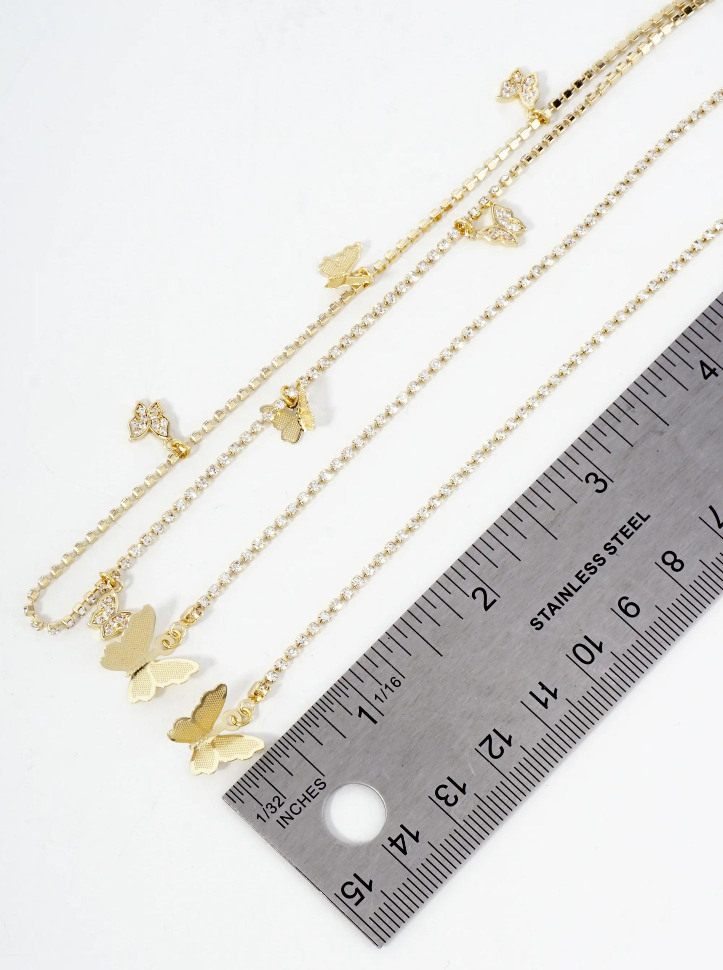 Satellite-Style Pave-Set Cubic-Zirconia Butterfly Accents Brass 18K-Gold-Dipped Face-Chain