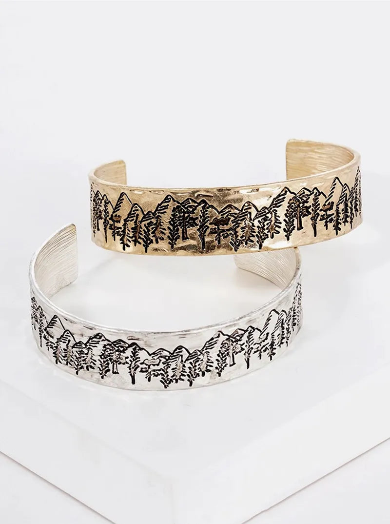 Scenic Mountain Engraved Metal Open Cuff Bracelet