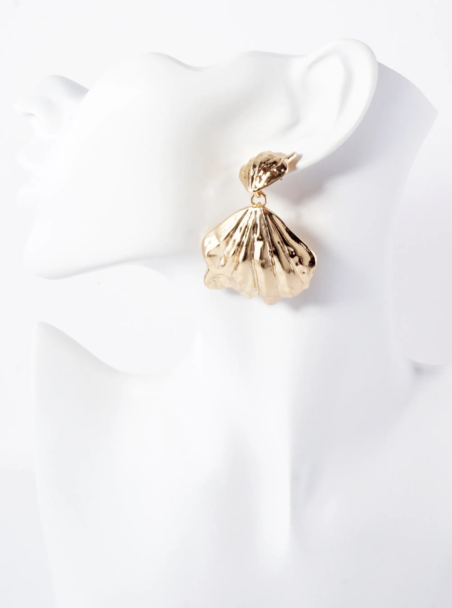 Sea-Life Hammered-Texture Metal Double Shell Statement Dangle Earrings With-Titanium-Post