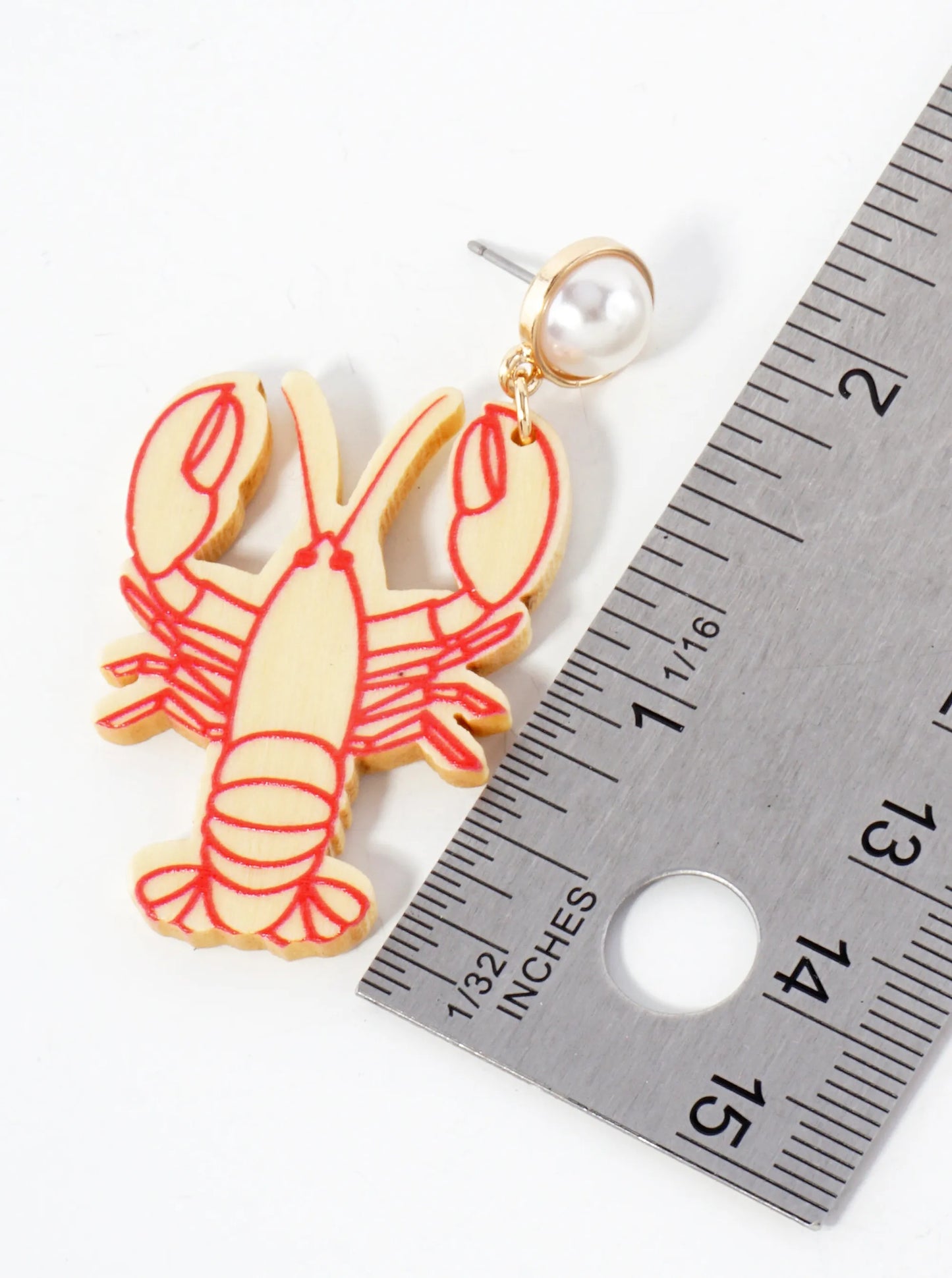 Sea-Life Laser-Cut Pearl Post Wood Lobster Dangle Drop Earrings