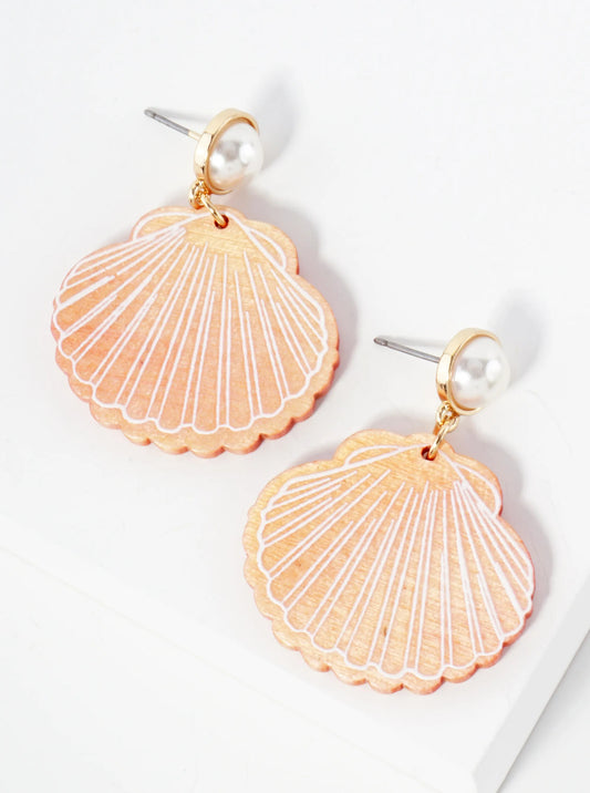 Sea-Life Laser-Cut Pearl Post Wood Seashell Dangle Drop Earrings