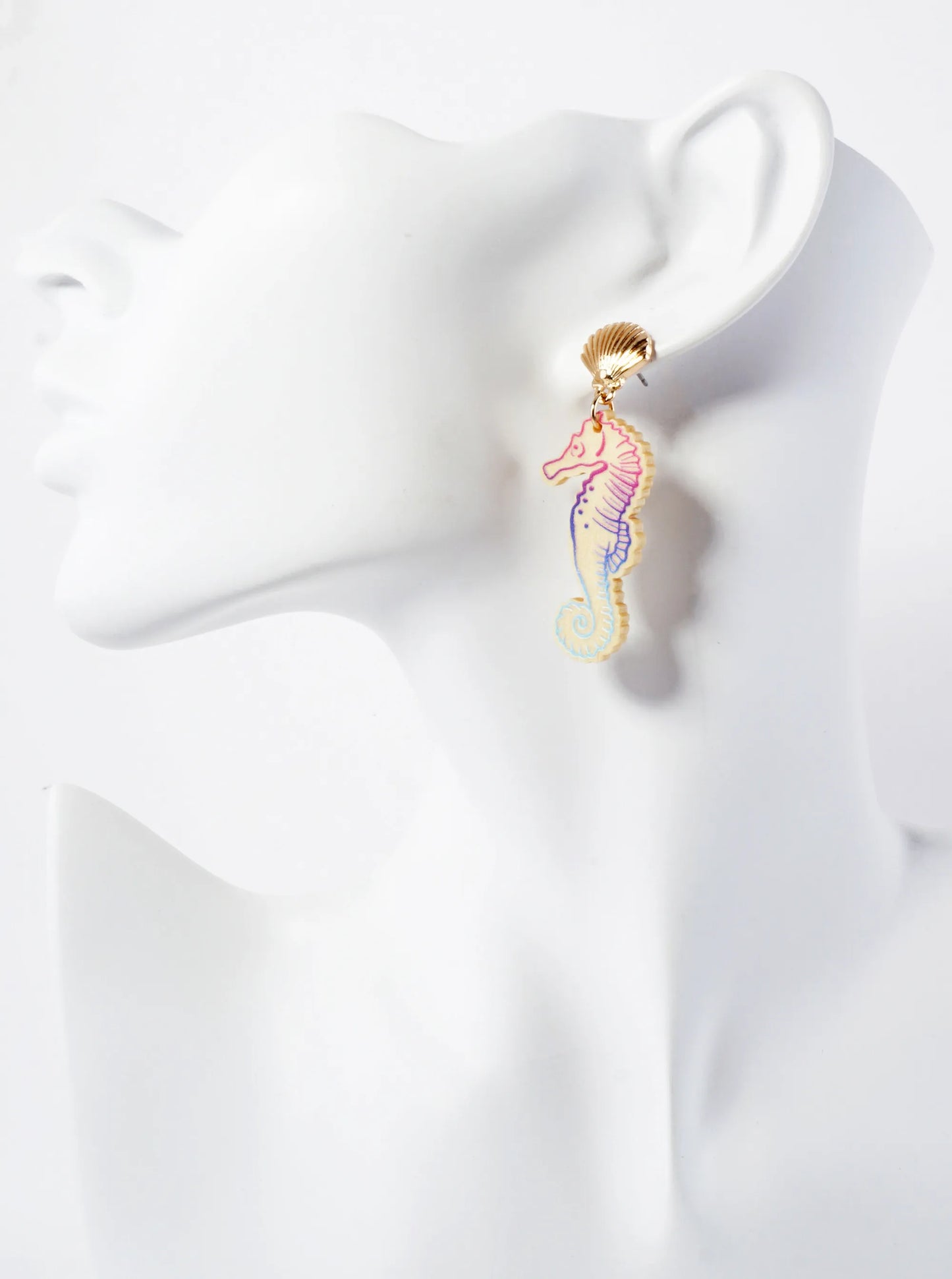 Sea-Life Laser-Cut Wood Seahorse Dangle Drop Earrings