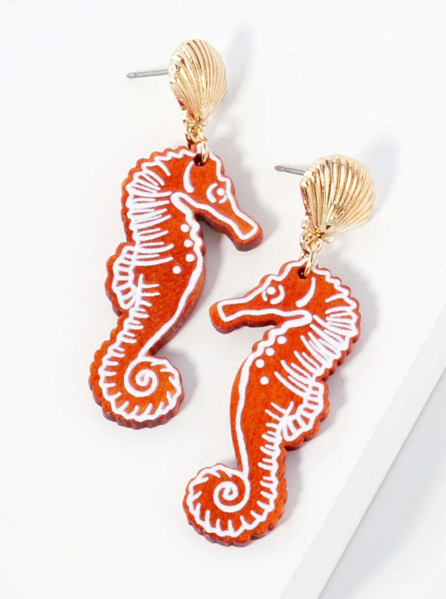 Sea-Life Laser-Cut Wood Seahorse Dangle Drop Earrings