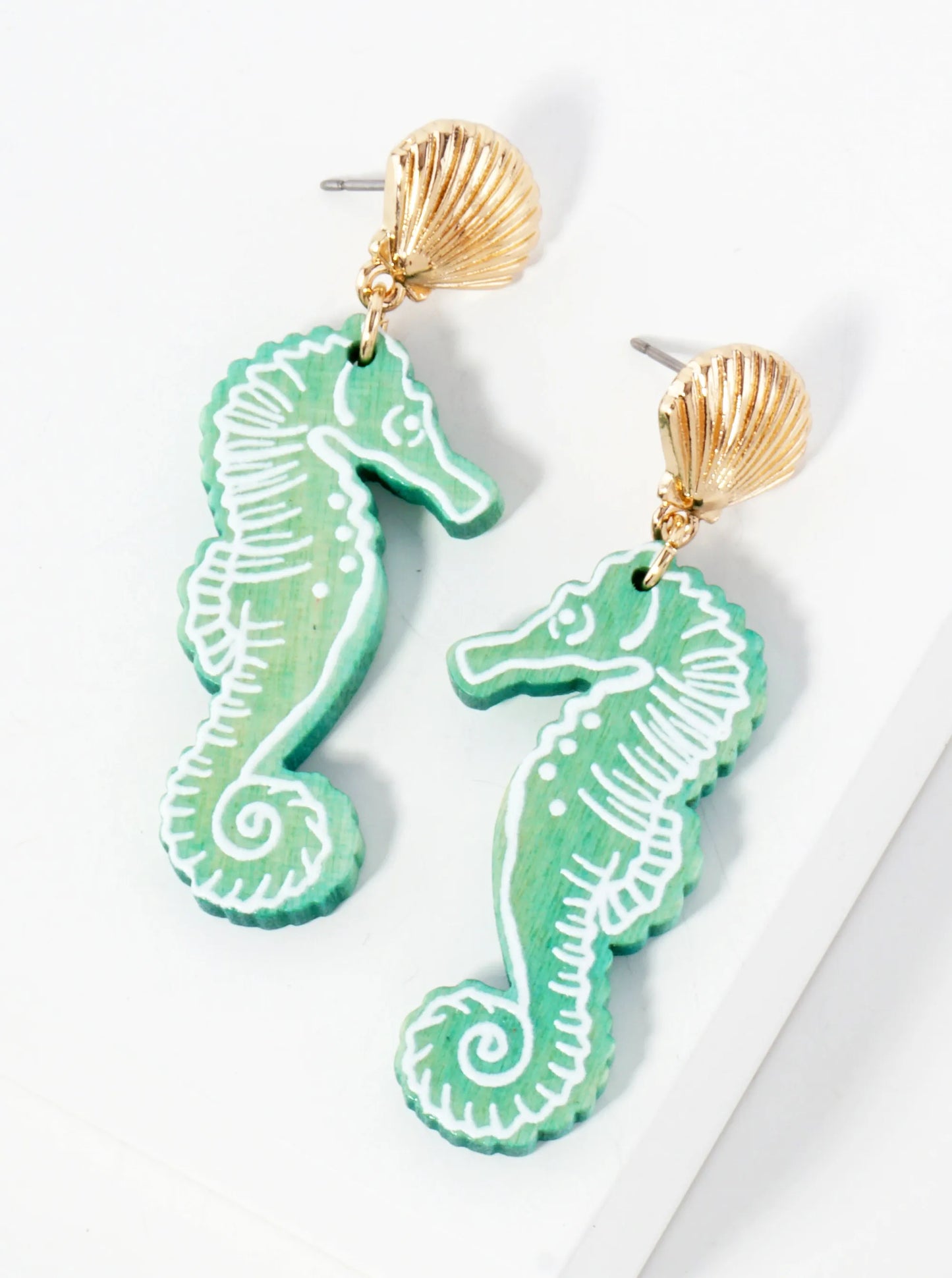 Sea-Life Laser-Cut Wood Seahorse Dangle Drop Earrings
