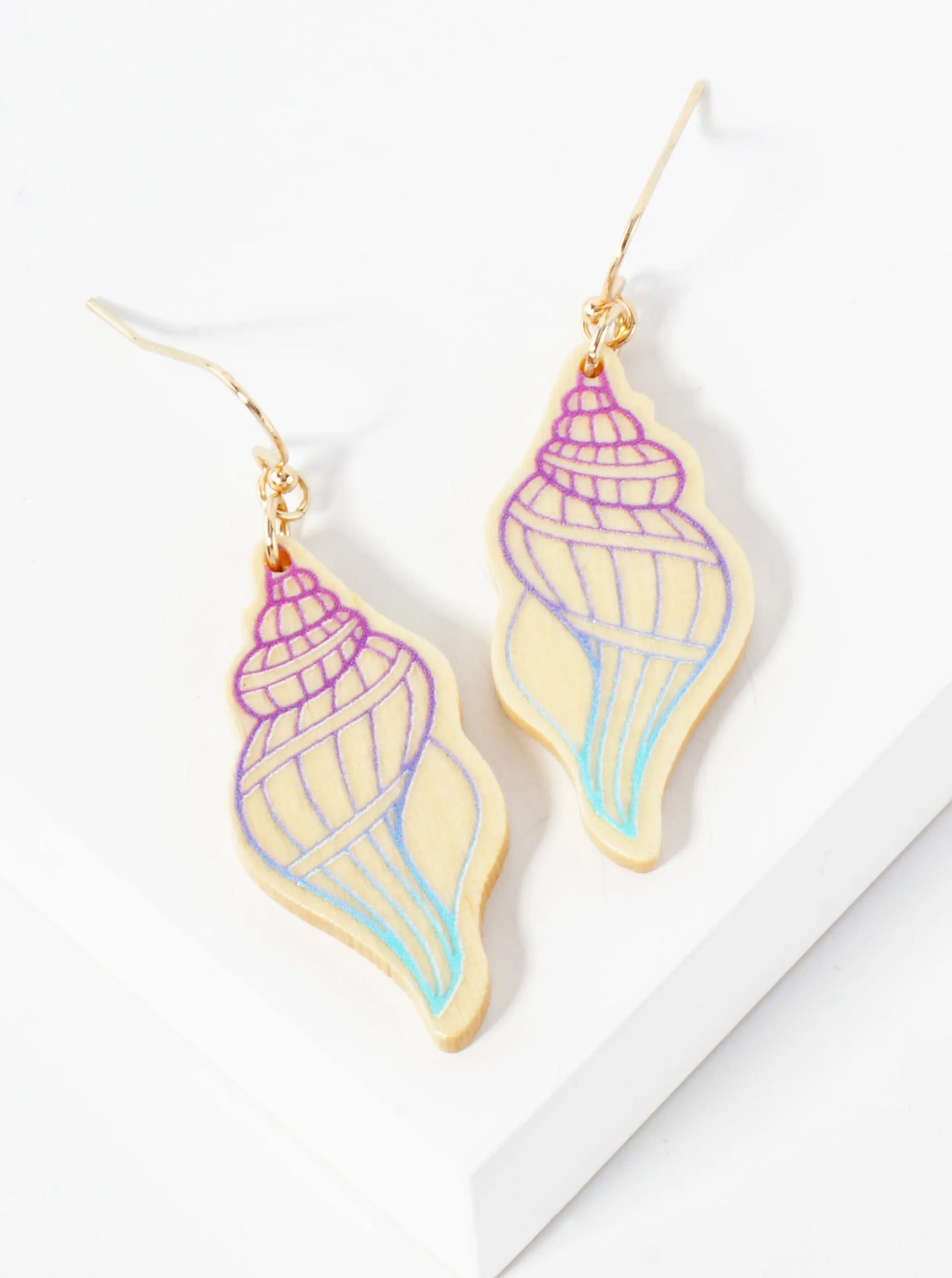 Sea-Life Laser-Cut Wood Seashell Conch Dangle Drop Earrings