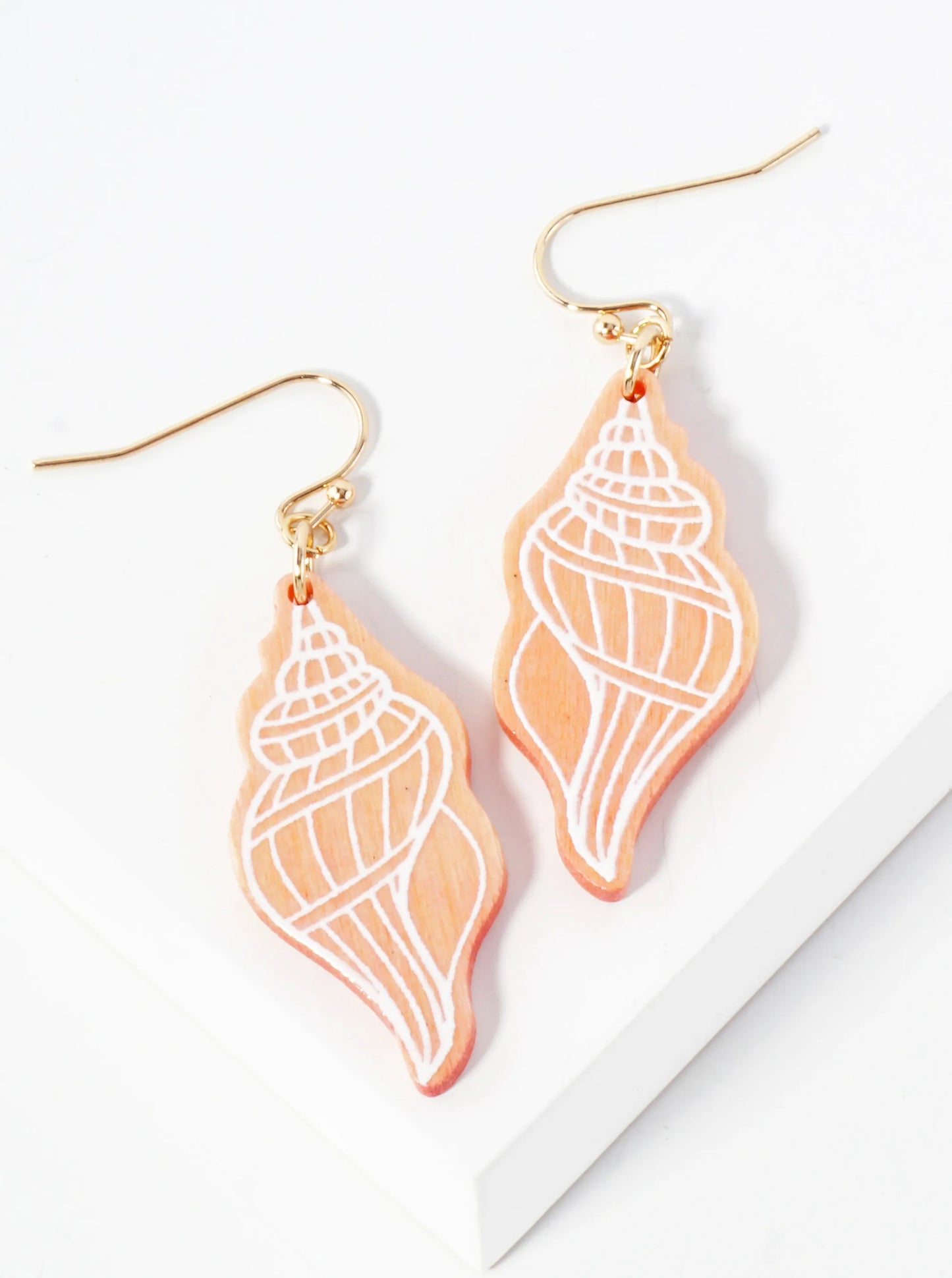 Sea-Life Laser-Cut Wood Seashell Conch Dangle Drop Earrings