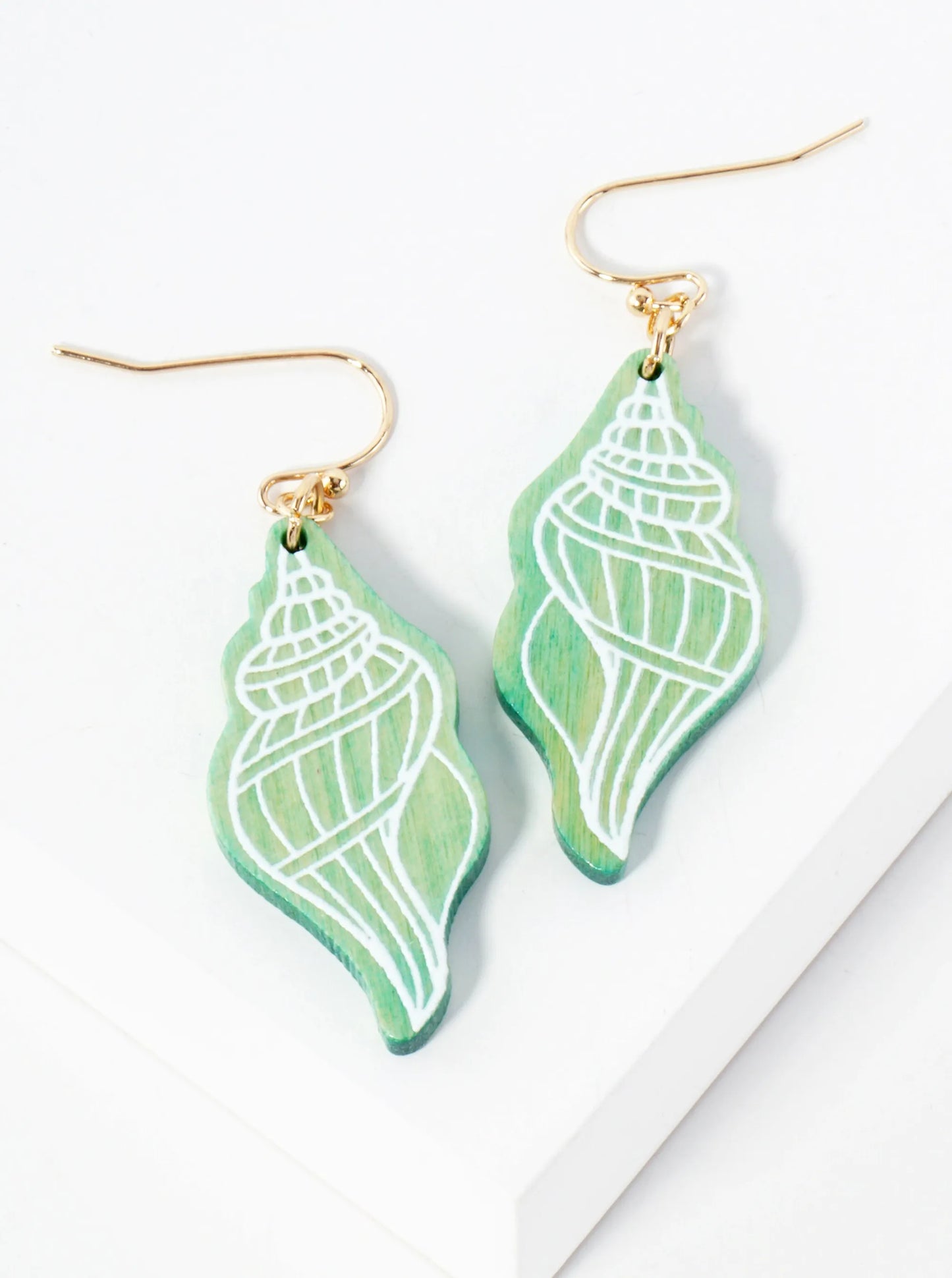 Sea-Life Laser-Cut Wood Seashell Conch Dangle Drop Earrings