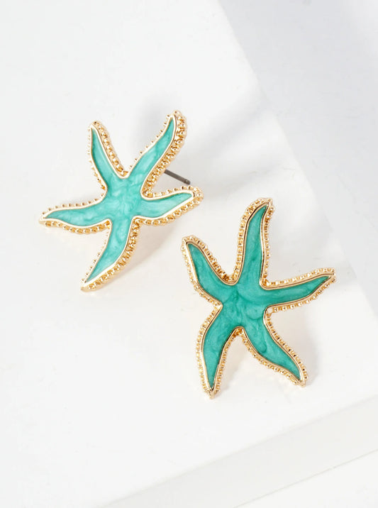 Sea-Life Marble Enamel Filled Starfish Stud Earrings