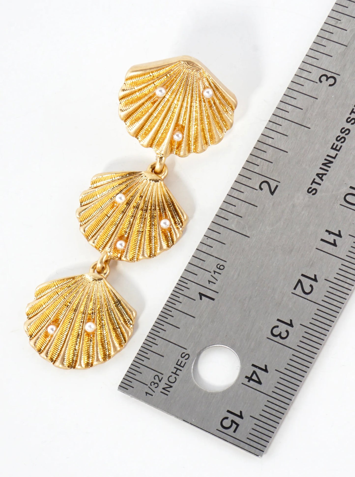 Sea-Life Pearl-Beaded Three Seashell Drop Statement Earrings