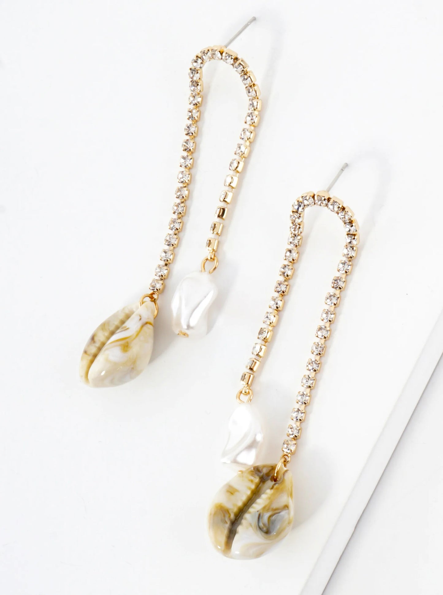 Sea-Life Pearl Cowrie Drop Rhinestone Chain Dangle Earrings