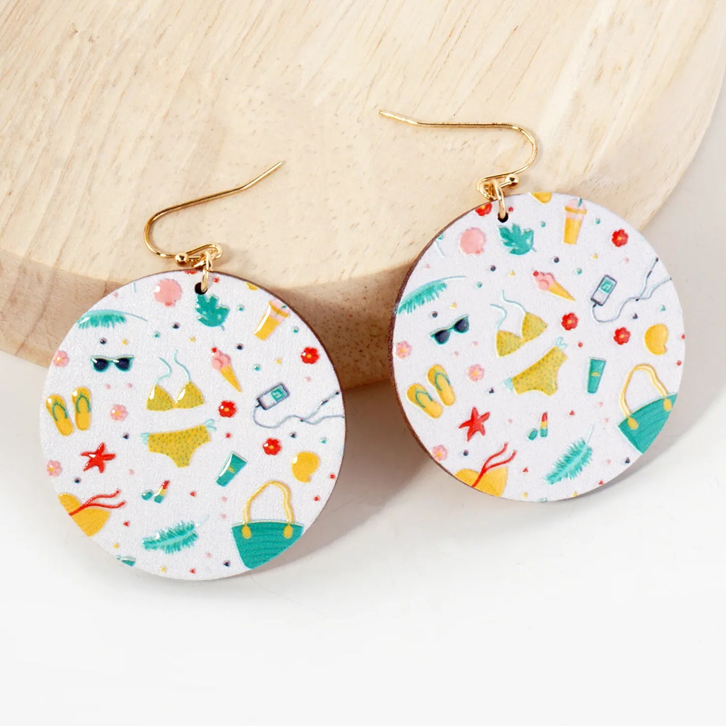 Sea-Life Printed Wood Circle Dangle Earrings