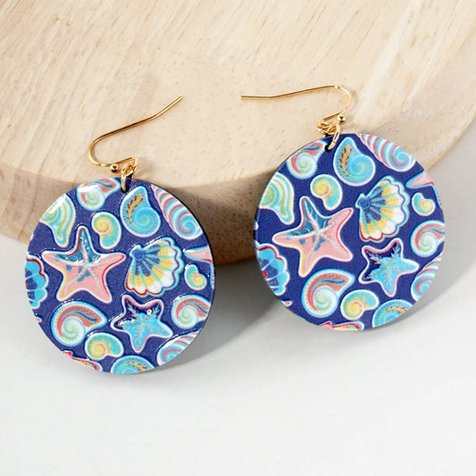 Sea-Life Printed Wood Circle Dangle Earrings
