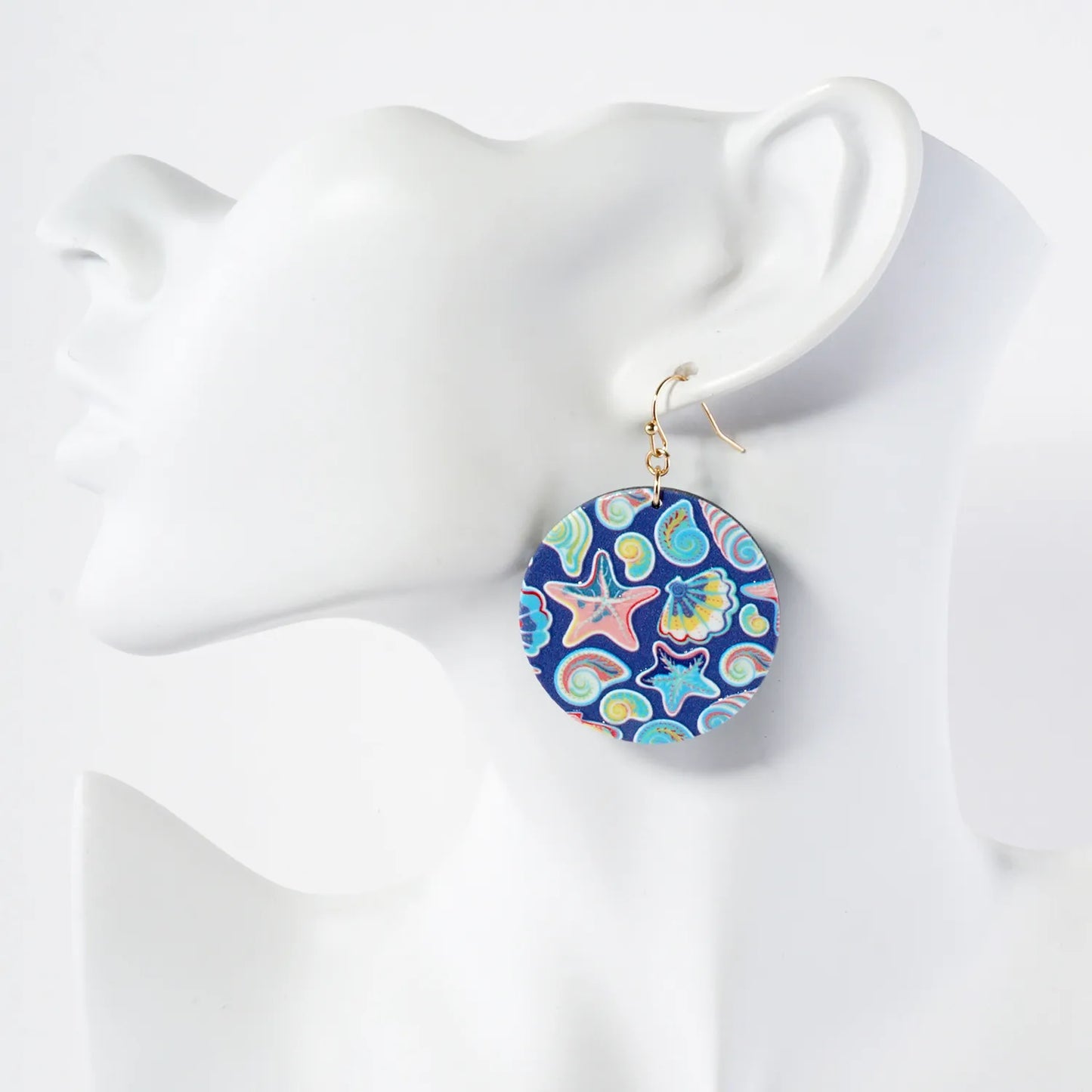 Sea-Life Printed Wood Circle Dangle Earrings