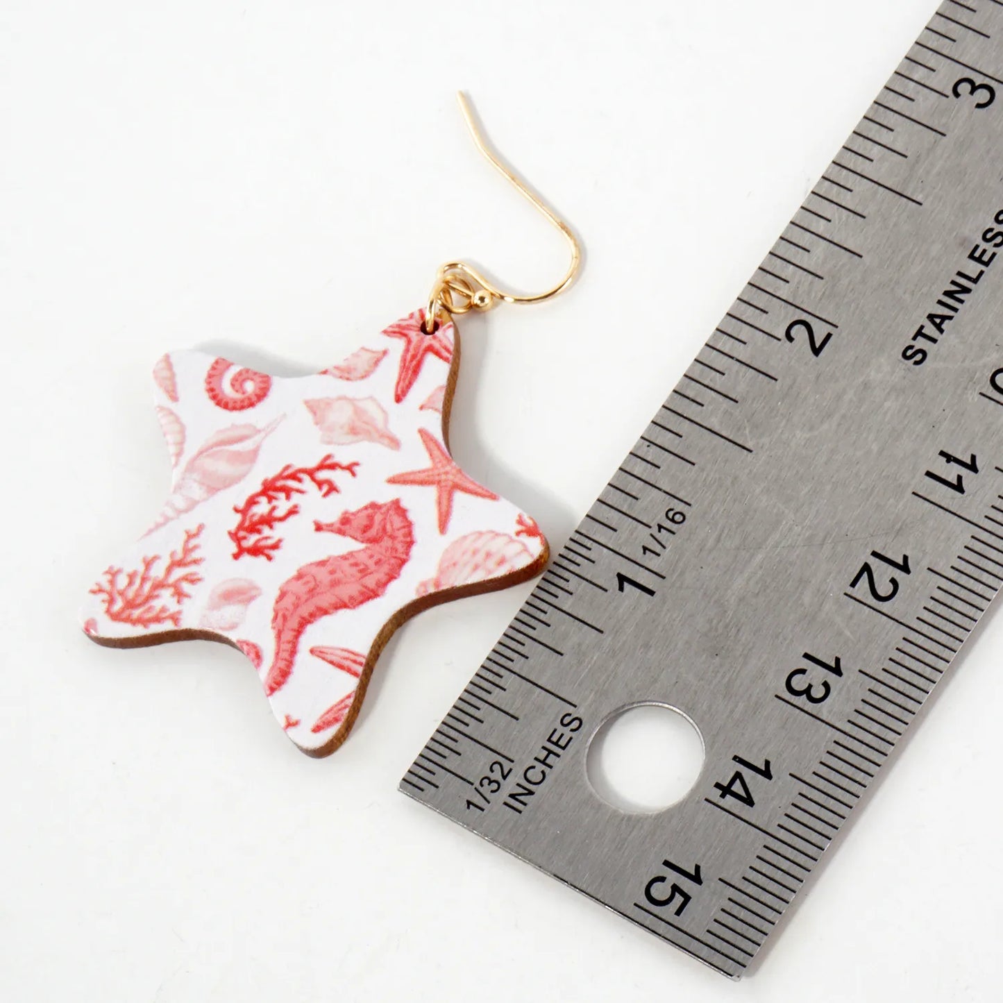Sea-Life Printed Wood Star Dangle Earrings