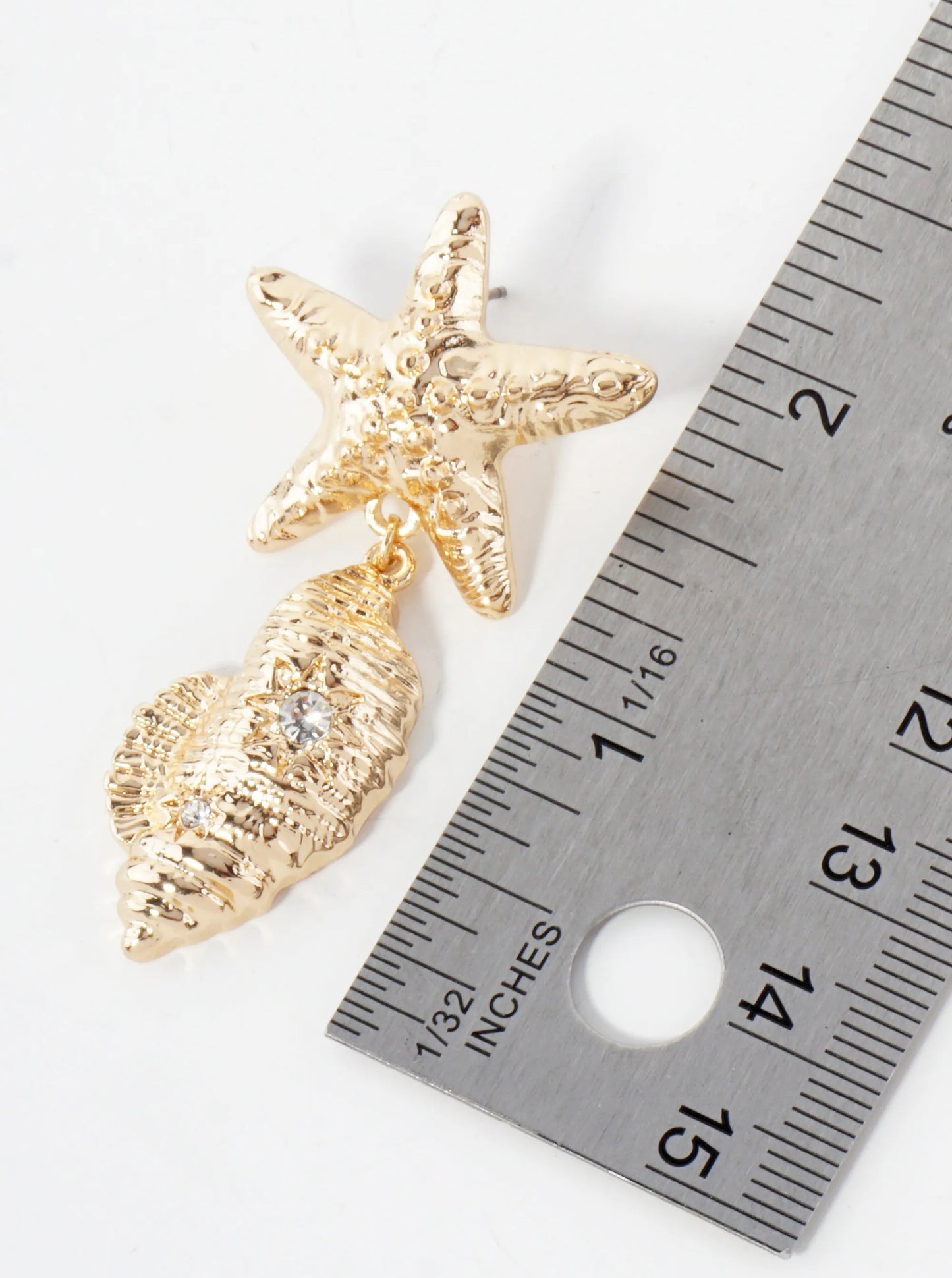 Sea-Life Textured Polished Metal Starfish Conch Drop Dangle Earrings