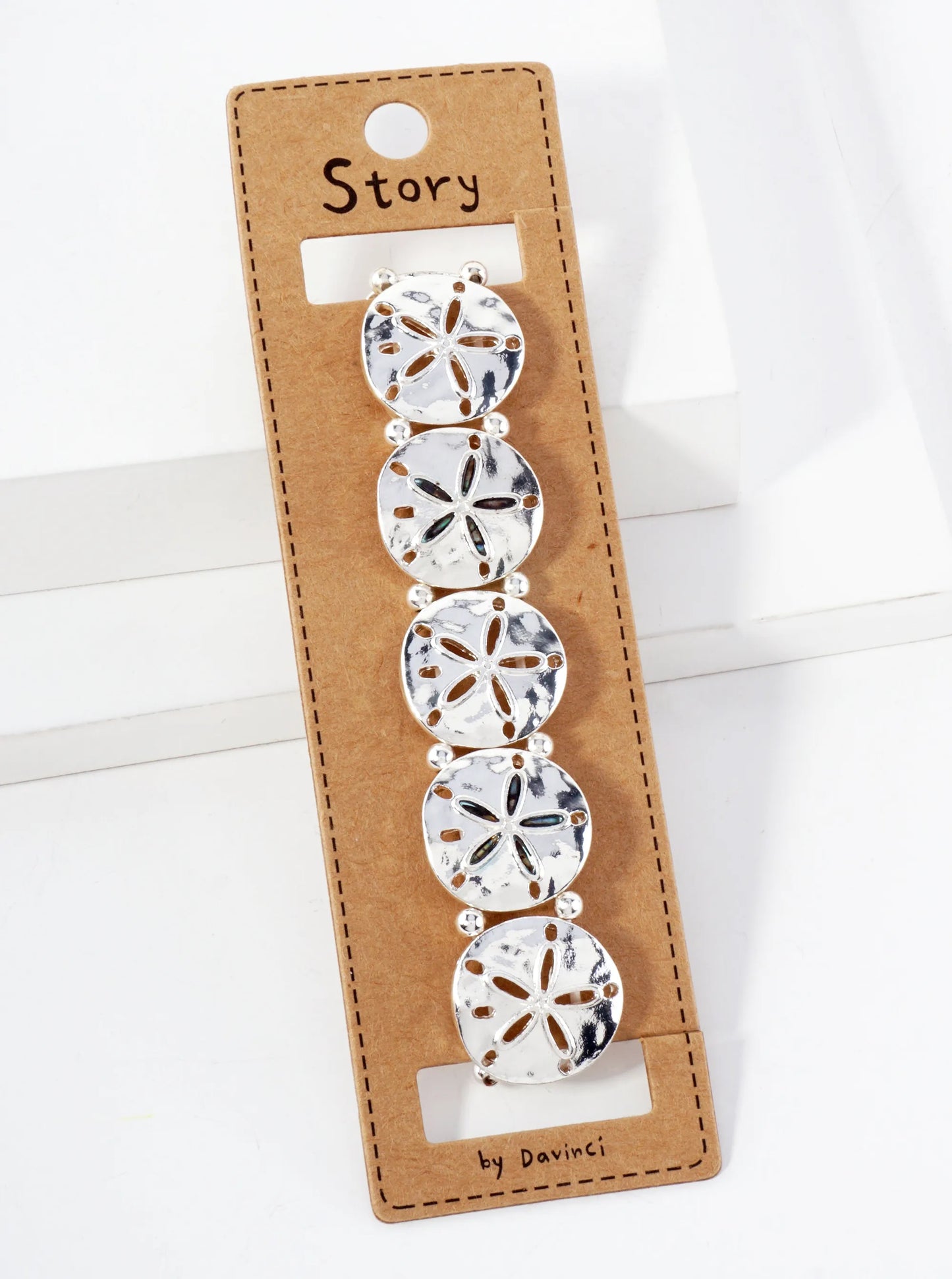 Sea-Life-Theme Hammered-Texture Sand-Dollar Stretch Bracelet