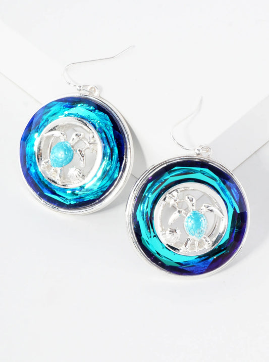 Sea-Life Turtle Set Inside Round-Shaped Faceted Glass-Stone Drop Earrings