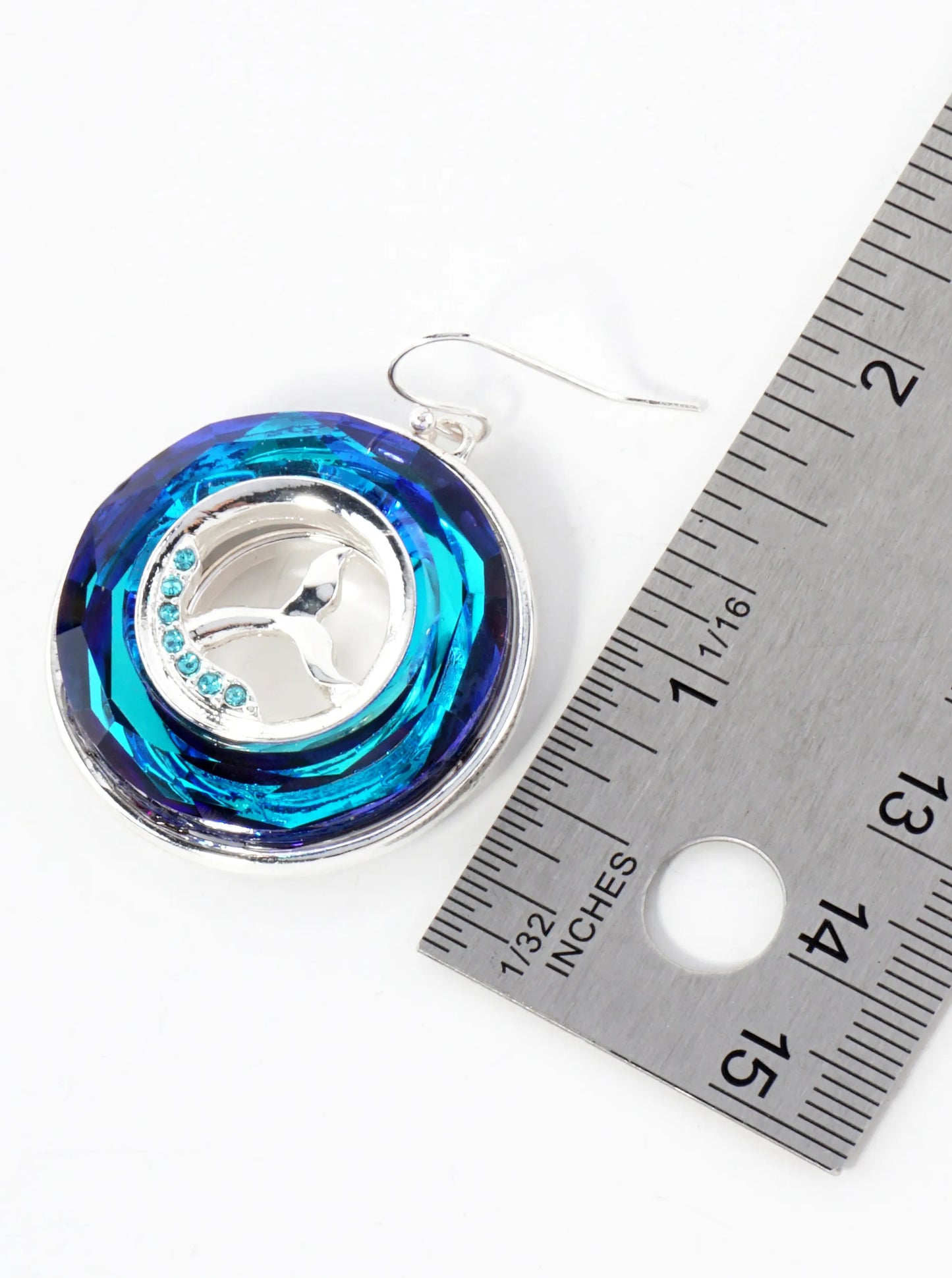 Sea-Life Whale Tail Set Inside Round-Shaped Faceted Glass-Stone Drop Earrings