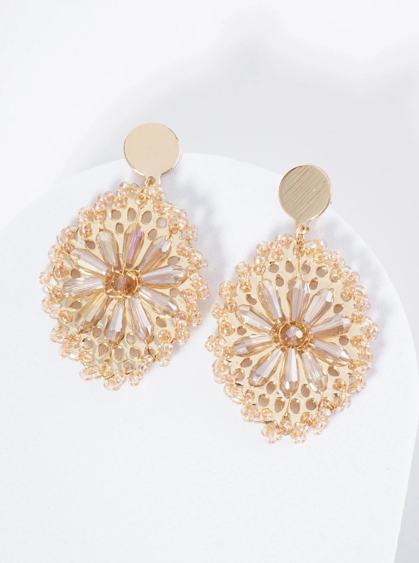 Seed Bead-Wrapped Floral Glass Bead Embellishment Post Drop Earrings