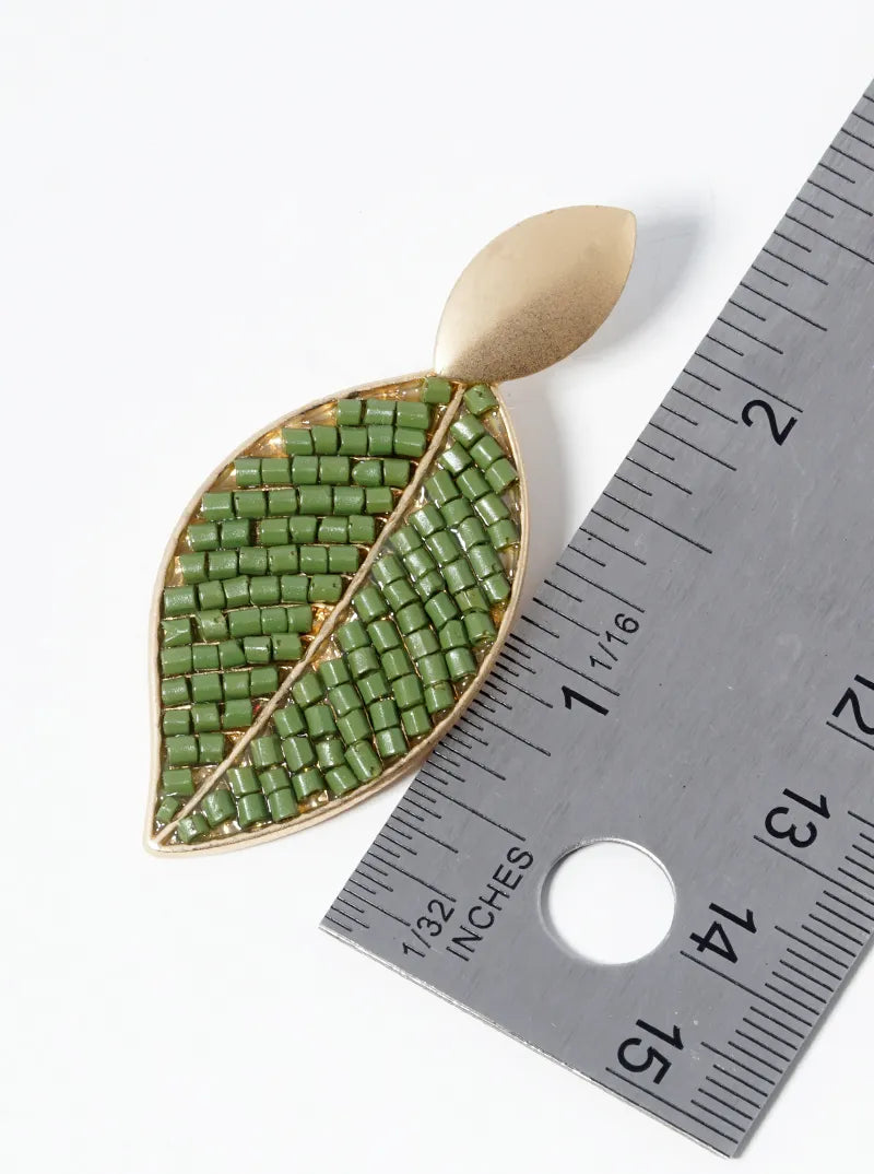 Seed Beaded Leaves Drop Dangle Post Earrings