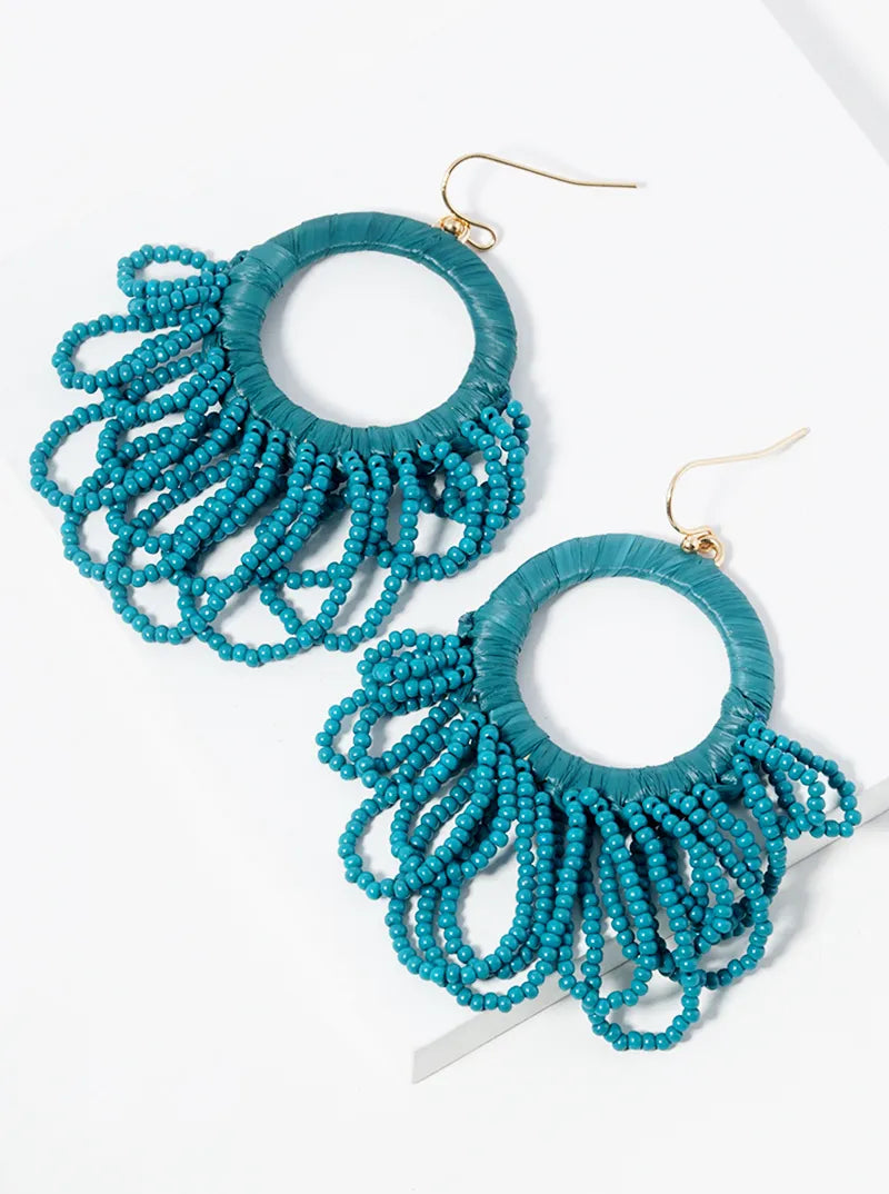 Seed Beads Drop Raffia Wrapped Circle Dangle Statement Earrings