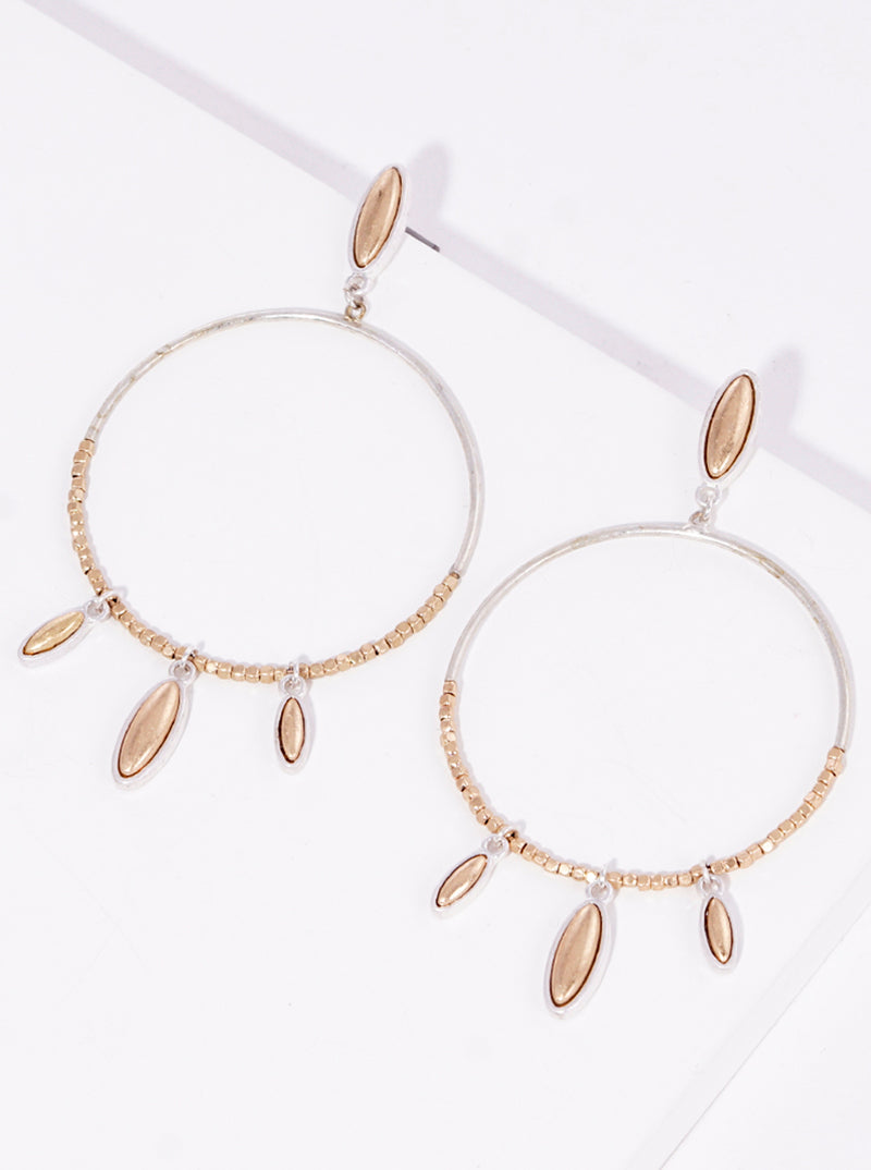 Seed Beaded Circle Oval Charms Drop Metal Post Dangle Earrings