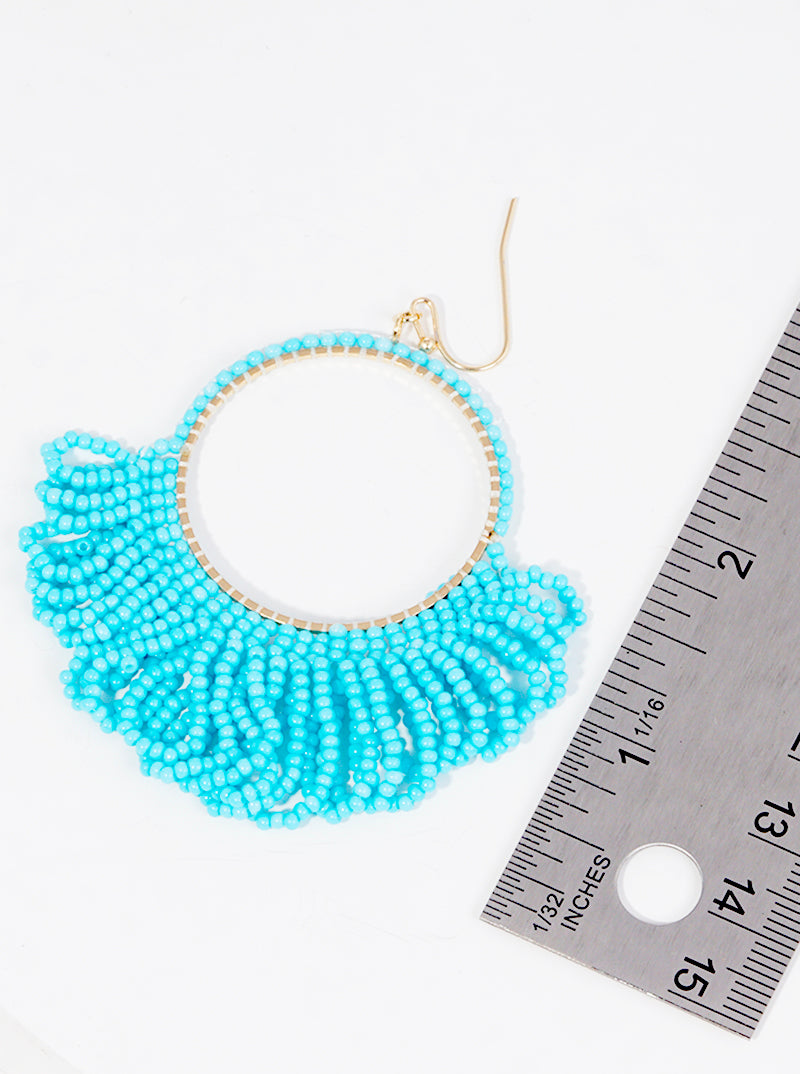 Seed Beaded Circle With Fringe Fish Hook Dangle Drop Earrings