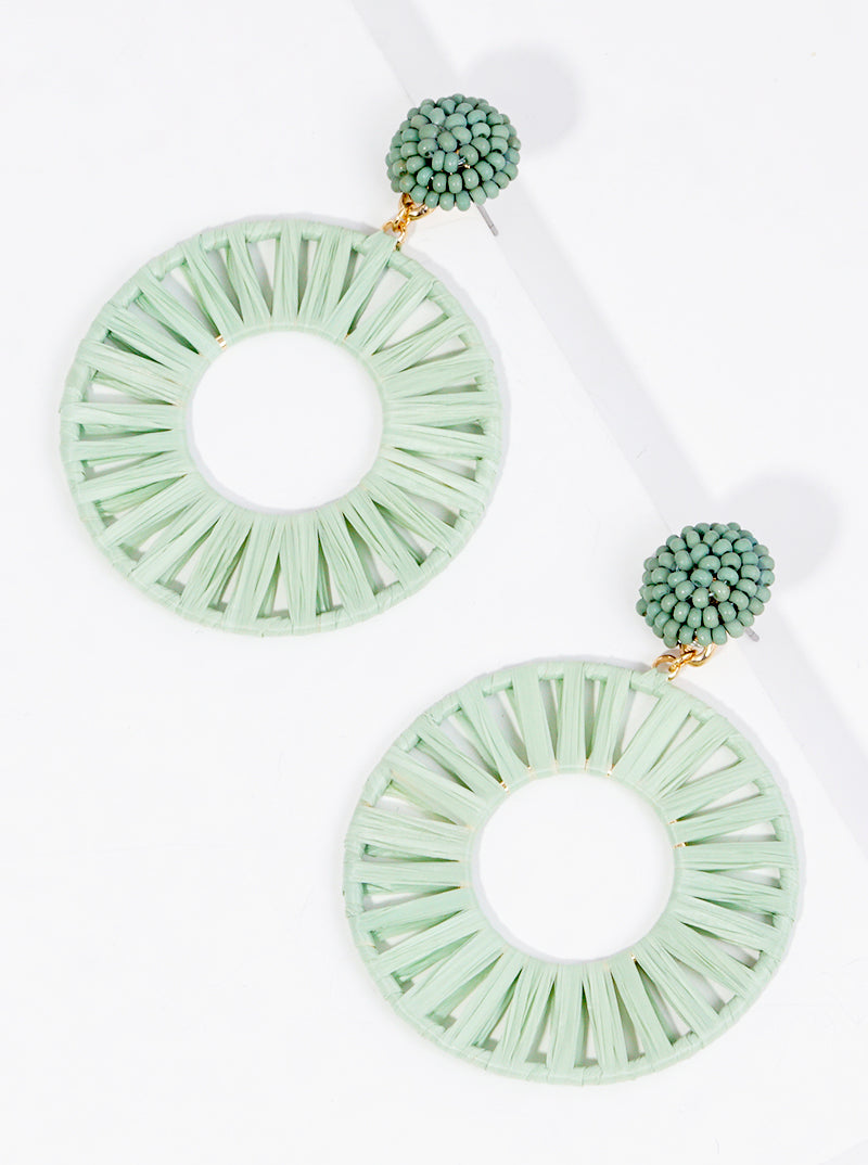 Seed Beaded Hemisphere With Raffia Wrapped Circle Dangle Drop Earrings