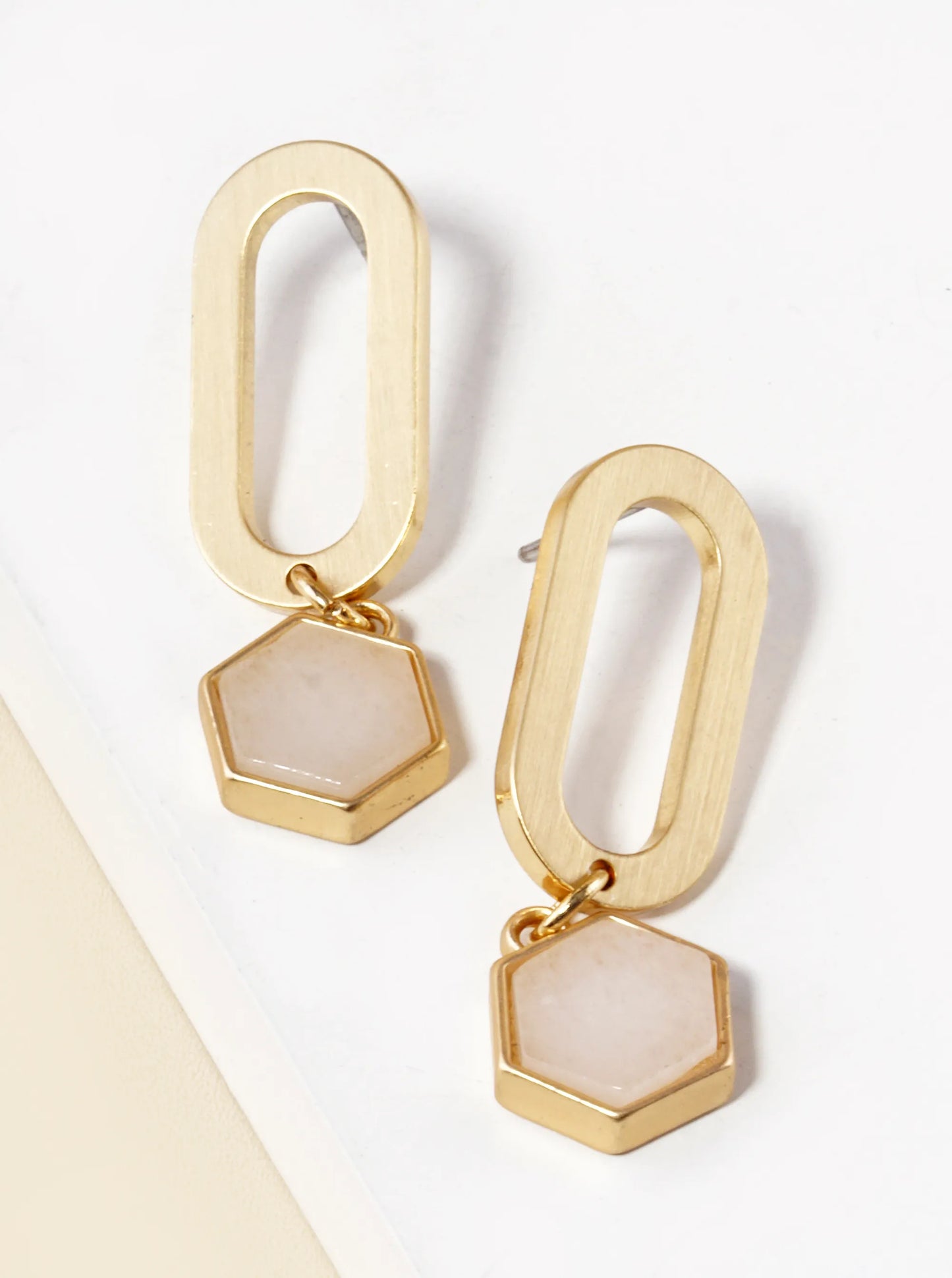 Semi-Precious Hexagon Stone Drop Oval Post Earrings