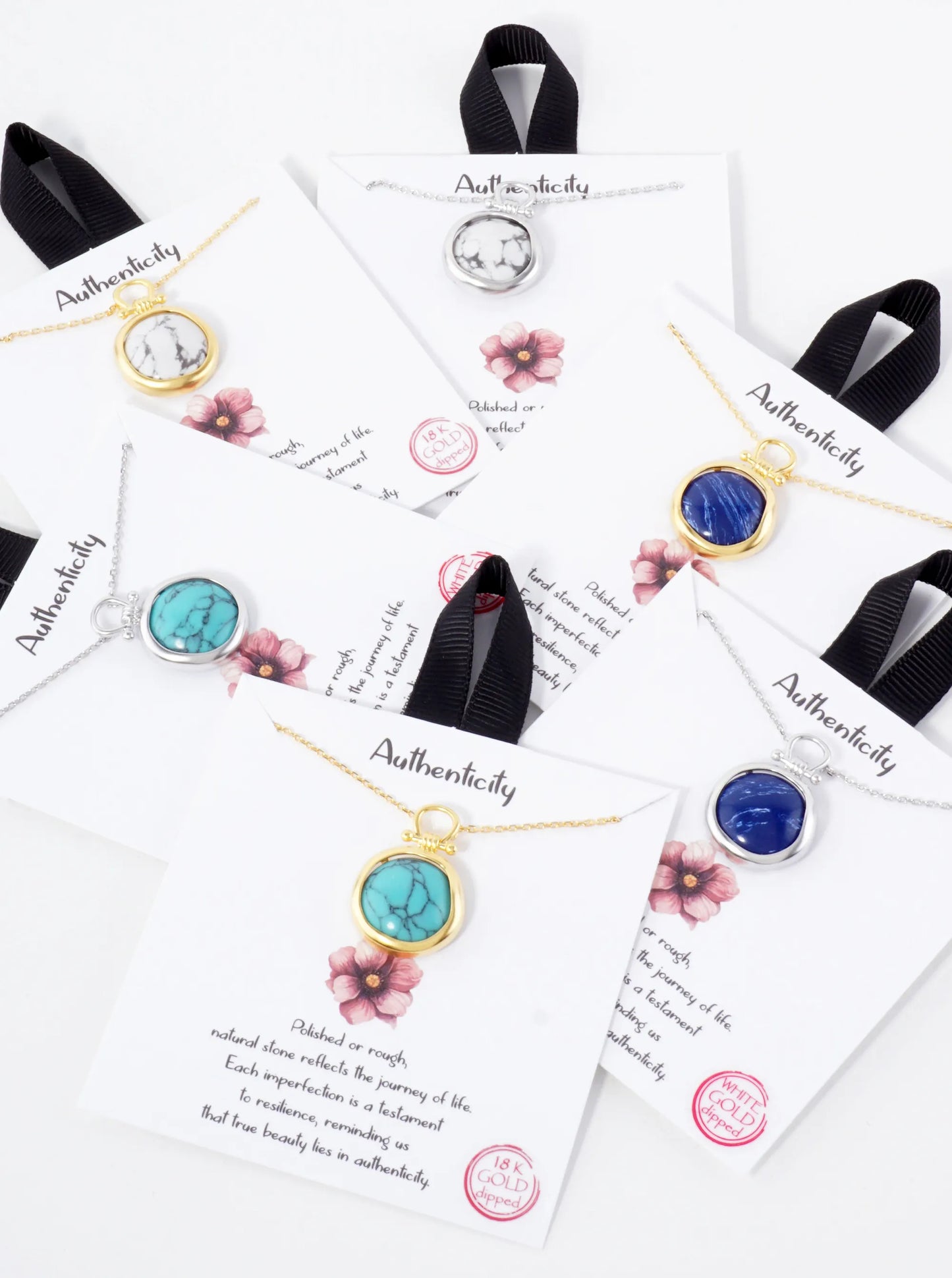 Semi-Precious Natural-Stone Round-Shaped Pendant Hypoallergenic 18K-Gold-Dipped Necklace
