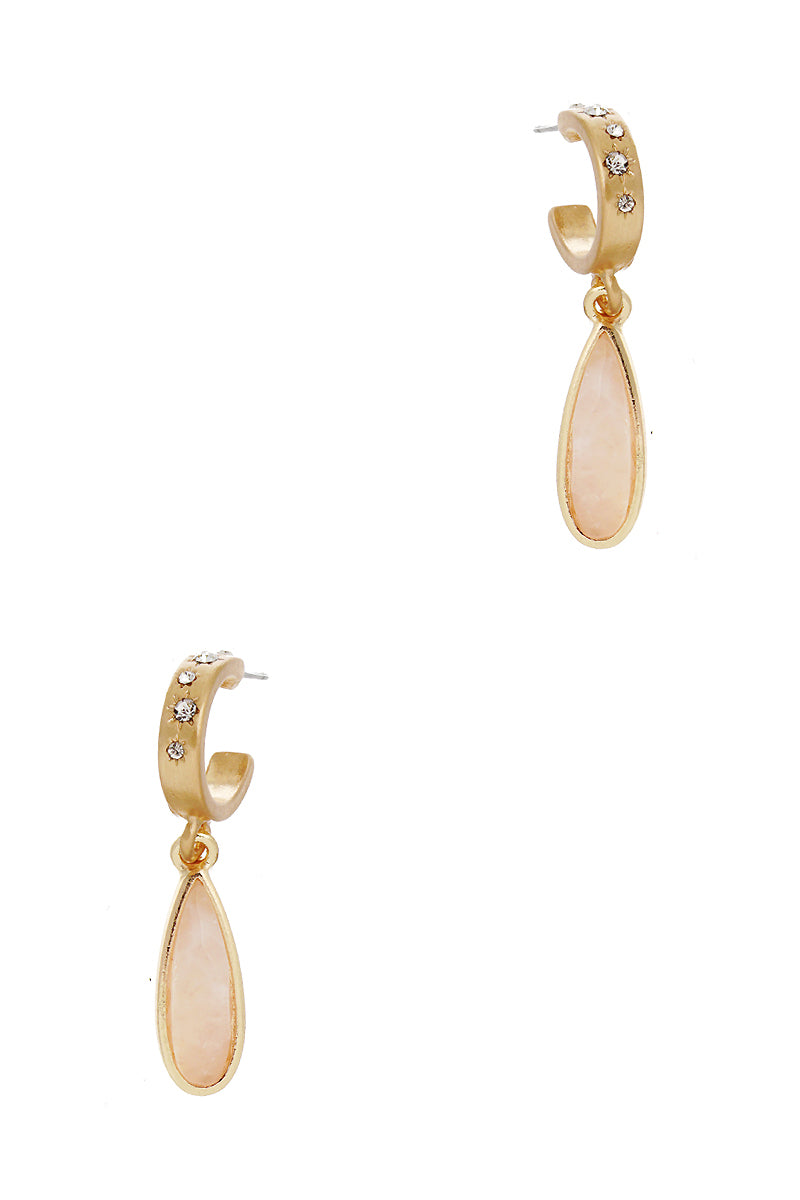 Semi-Precious Natural Stone Teardrop 10mm Crystal Pave Huggie Hoop Earrings