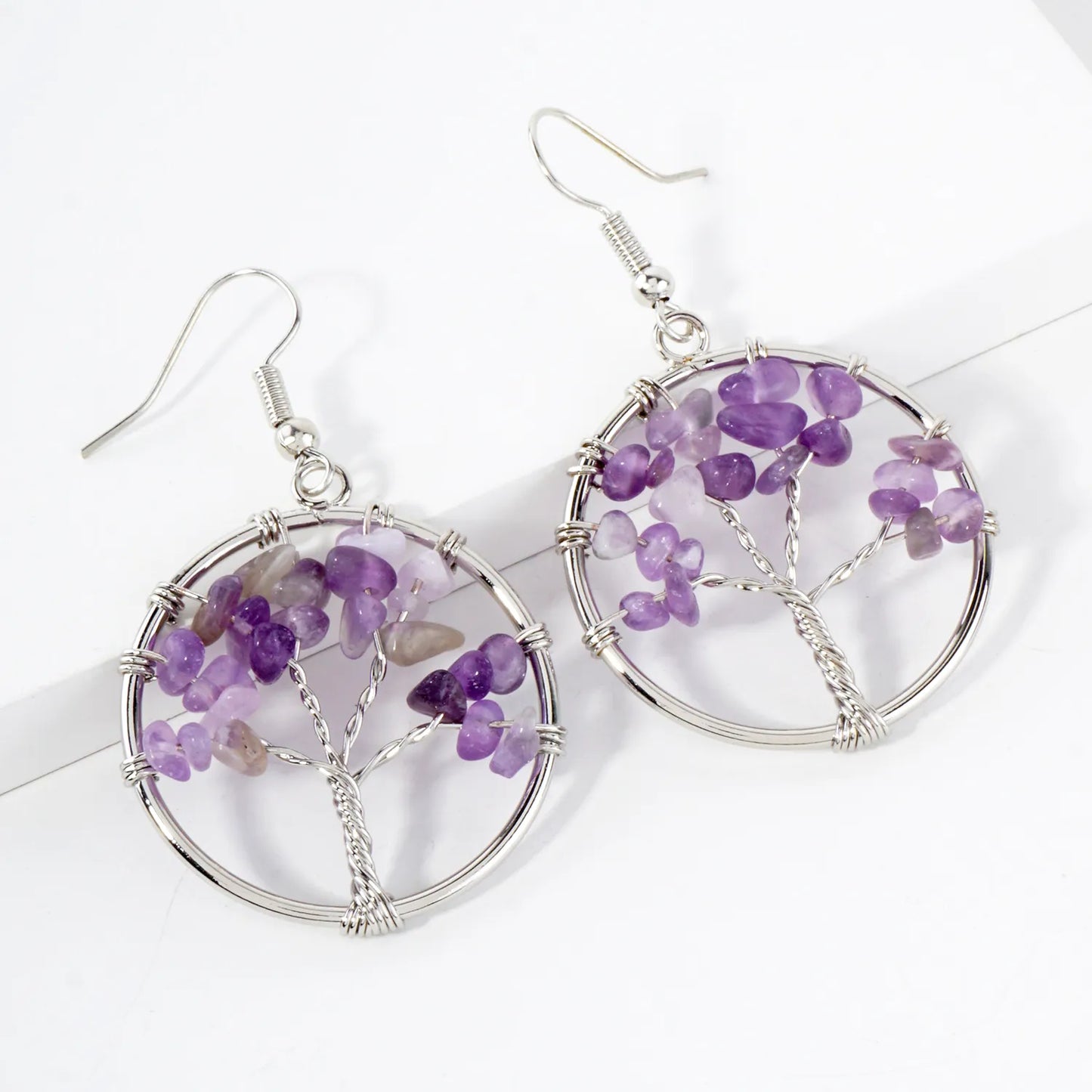 Semi-Precious Natural-Stone Tree-of-Life Dangle Earrings