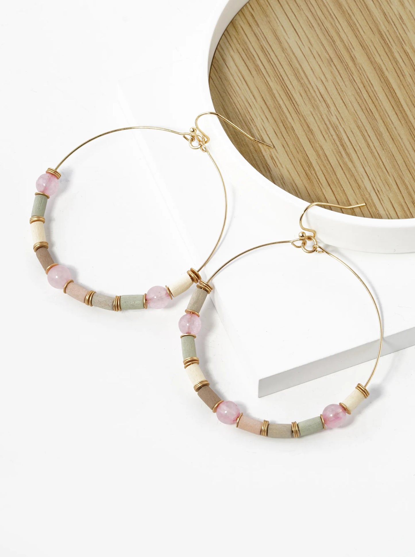 Semi-Precious Natural Stone And Wood Beaded Wire Circle Dangle Drop Earrings