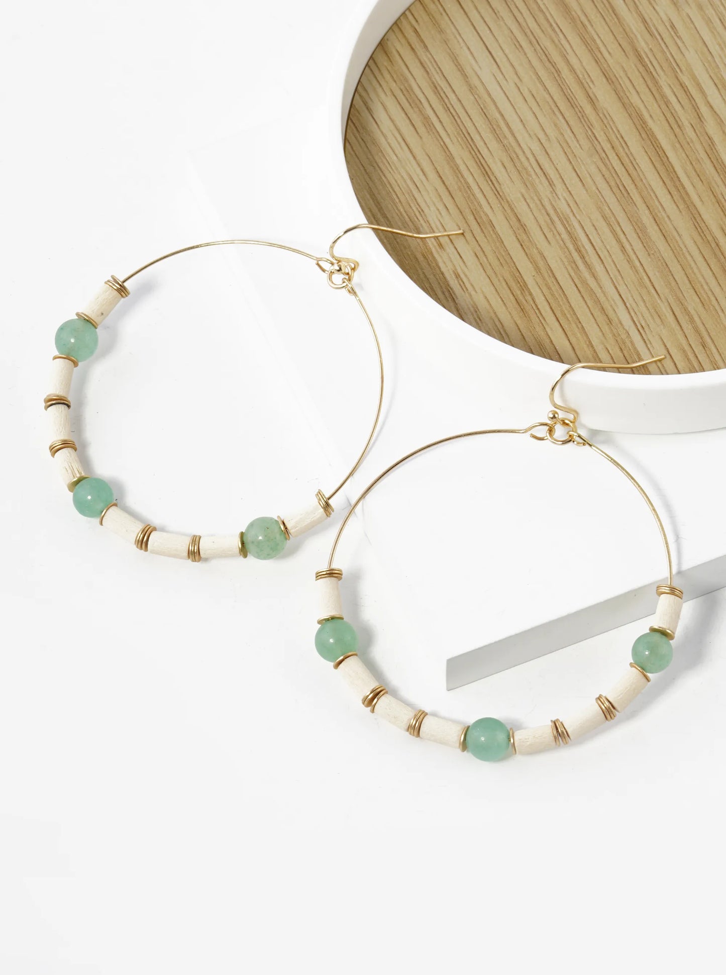 Semi-Precious Natural Stone And Wood Beaded Wire Circle Dangle Drop Earrings