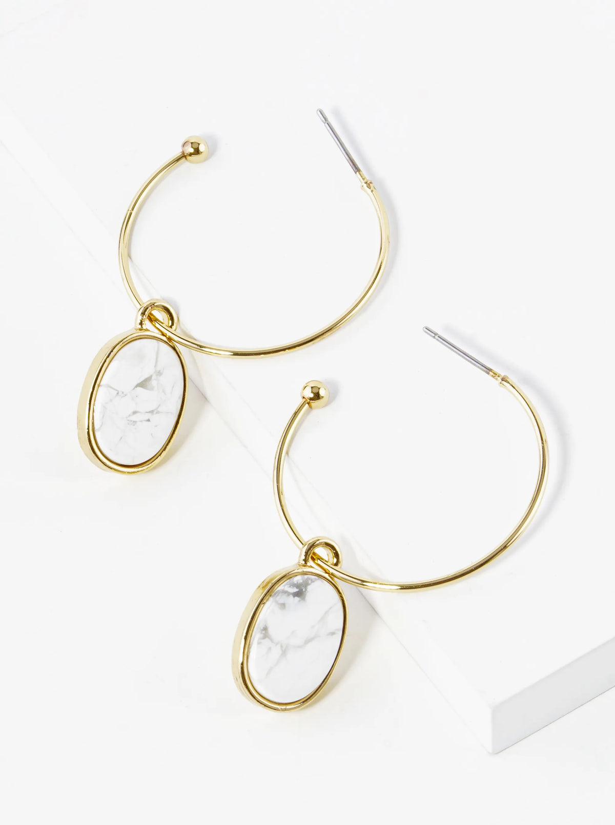 Semi-Precious Oval Stone Drop 30mm Open Hoop Earrings