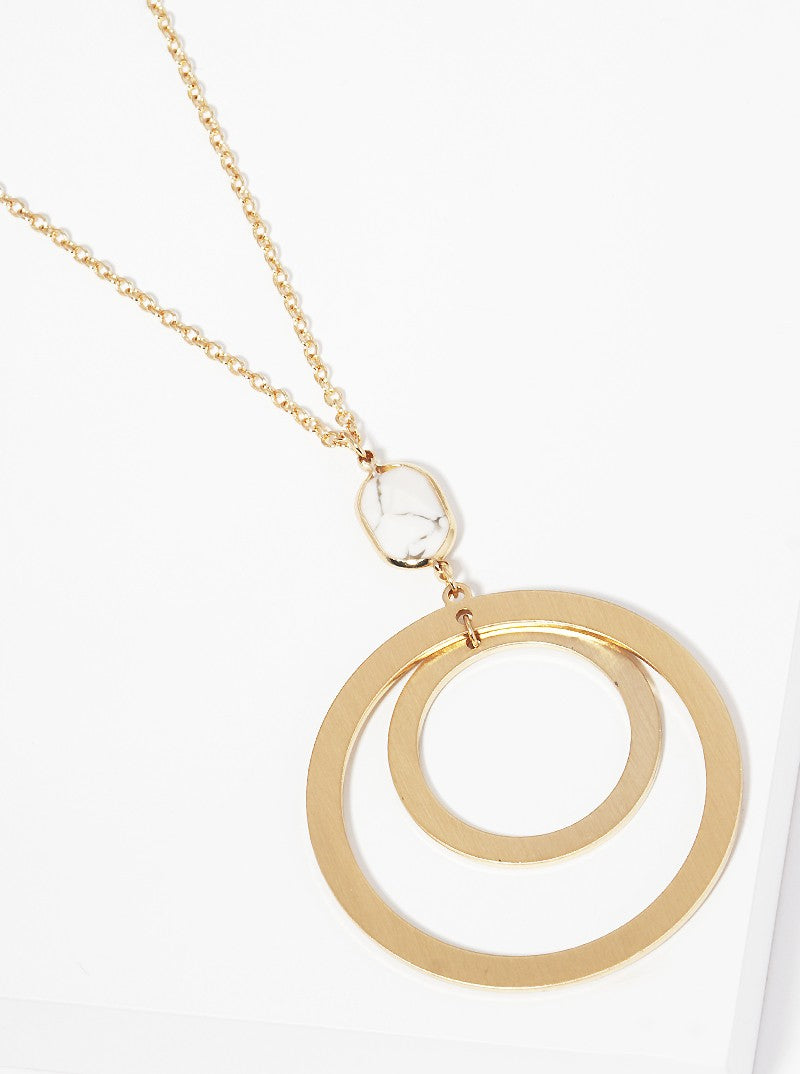 Semi-precious Natural Stone Flat Double Circle Pendant Long Necklace