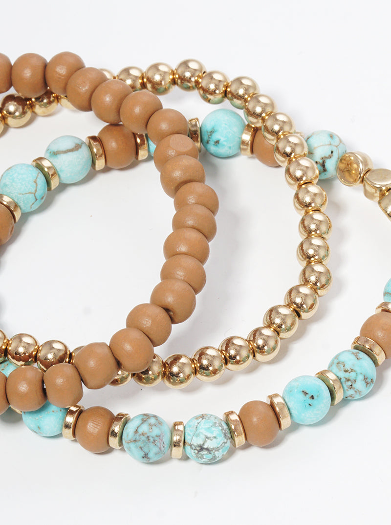 Semi Precious Woods Metal Ball Beads Tri Rows Stretch Bracelet