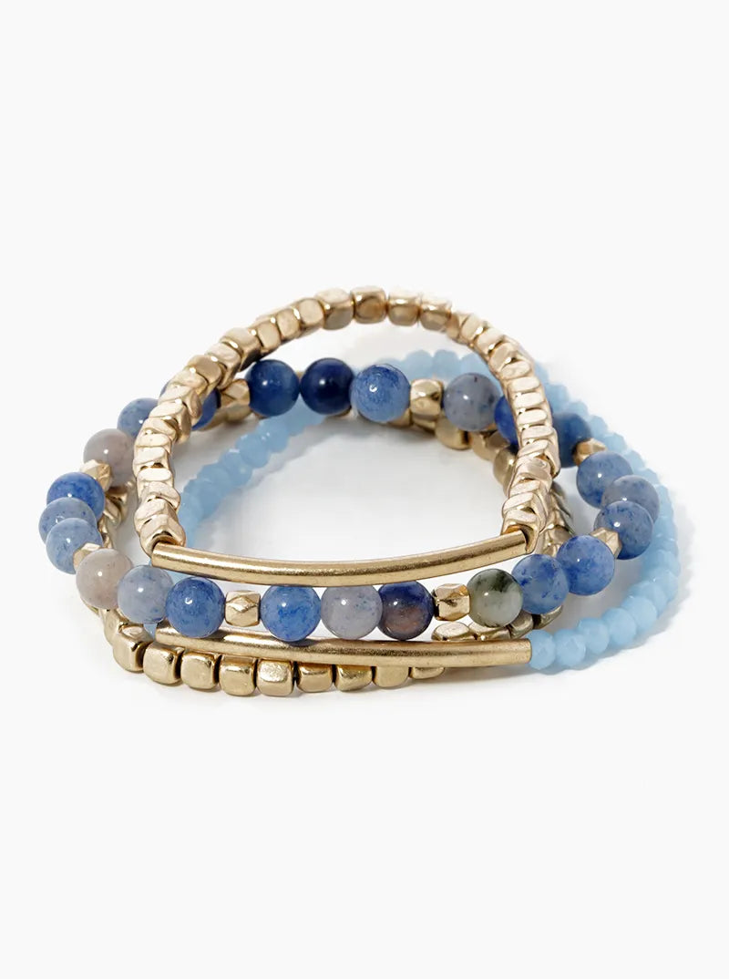 Semiprecious Stones And Brass Pipes Metal Stretch Bracelets Set
